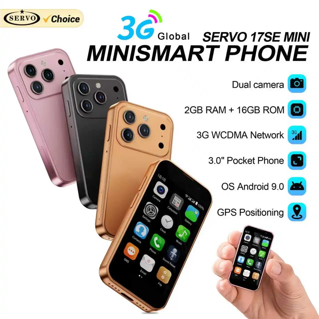 SERVO 17SE MINI 3G Piccolo Smartphone Sistema Android Riproduzione Negozio 2 GB + 16 GB WhatsAPP GPS WiFi Doppia SIM Card 3.0 "Piccolo cellulare intelligente