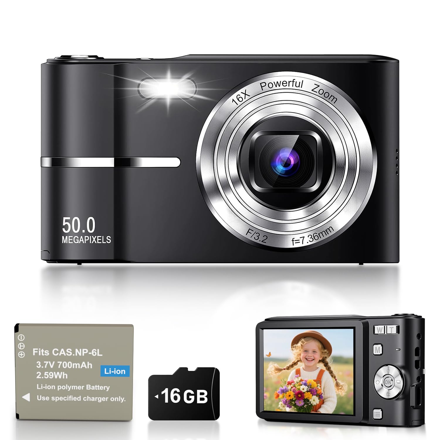 Macchina Fotografica Digitale 50MP 1080P, Autofocus, Schermo 2,4", Zoom Digitale 16X, Anti-Shake, Nero Vlogging Compatta Digital Camera per Ragazzi, Bambini, Studenti e Principian…