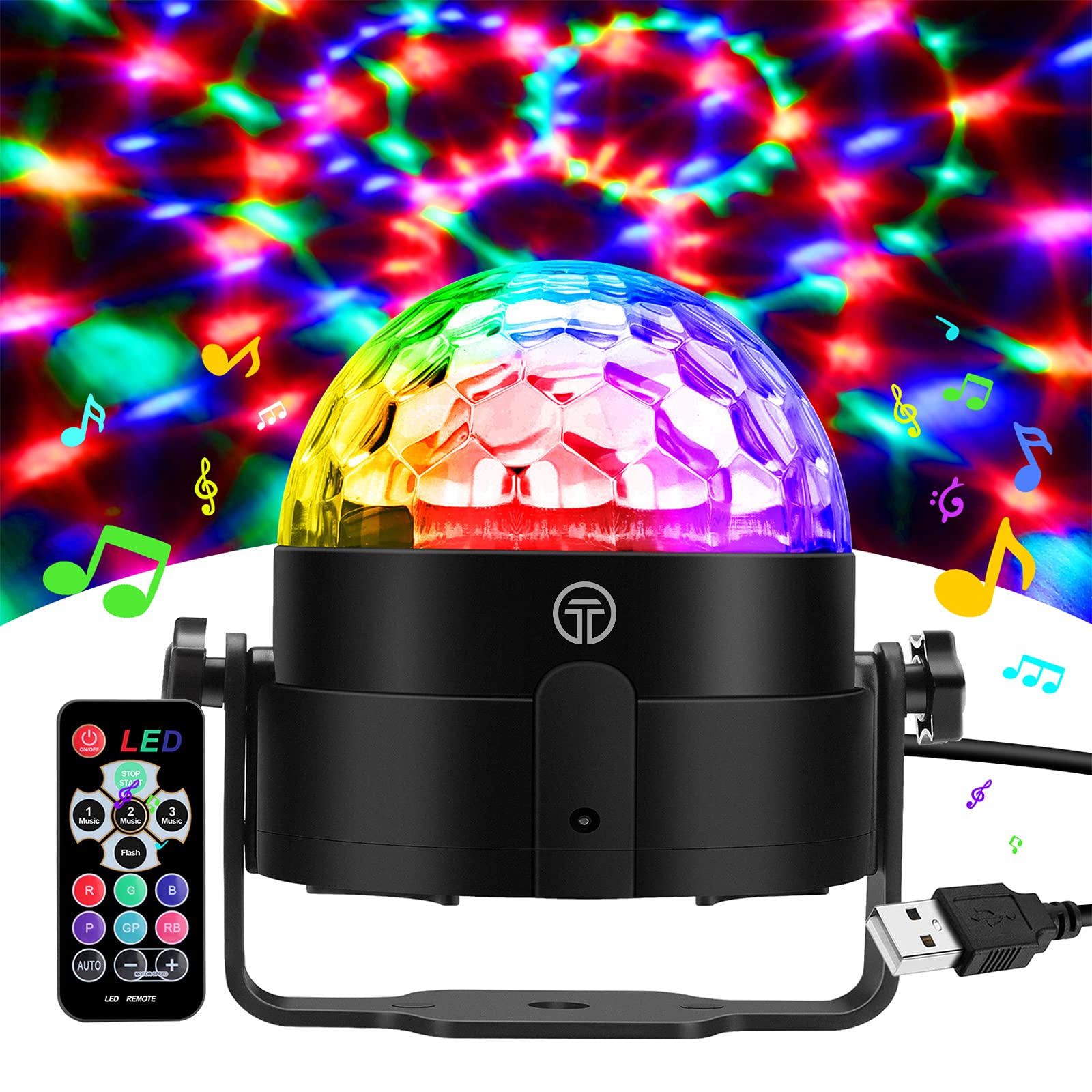 Sfera discoteca di controllo vocale, 360° rotante sfera sfaccettata colori | 3 modalità di musica giochi di luce con USB 4M telecomando e cavo, palla sfaccettata luce discoteca pe…