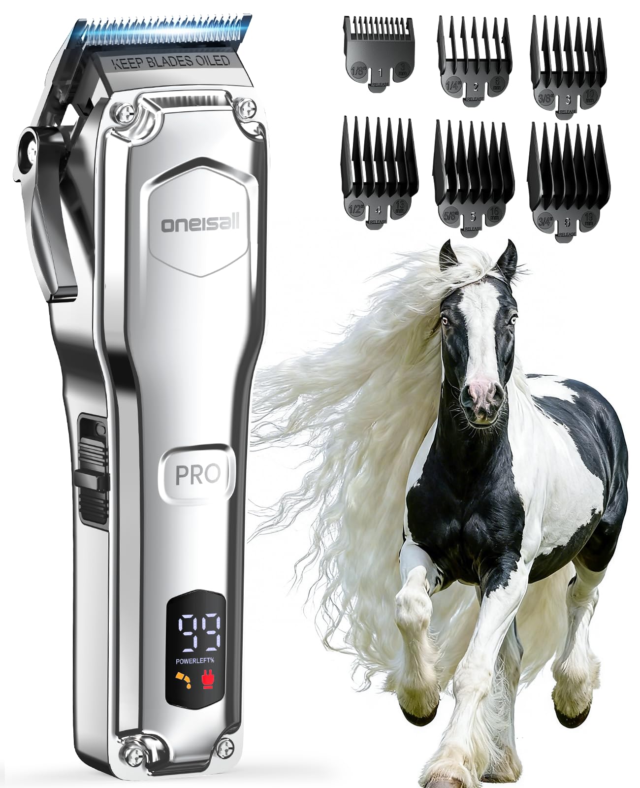 oneisall Tagliacavalli senza fili, ultra silenzioso e resistente, kit di rasoi leggeri per capelli lunghi opachi, lama rimovibile in acciaio inox per tutti i tipi di pelo