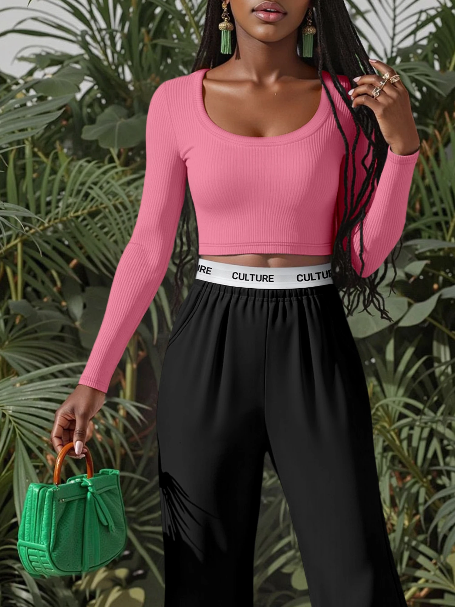 Top corto a maniche lunghe in maglia a coste stile vintage anni '90, scollo a U, slim fit, elastico, streetwear per donne.
