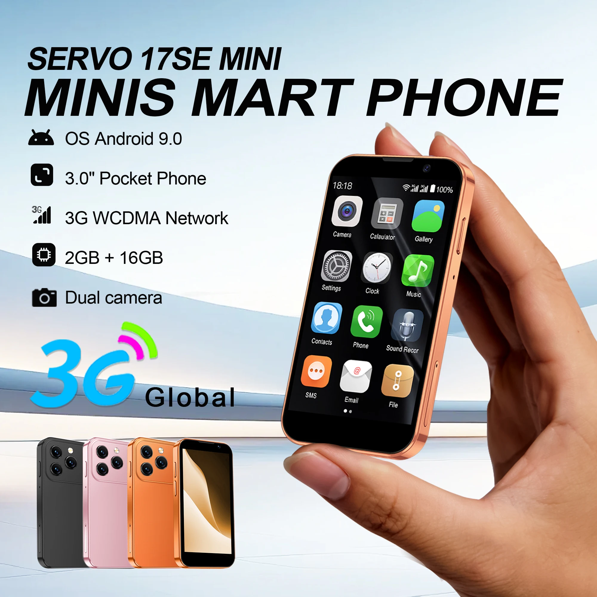 SERVO 17SE MINI Smartphone 3G WCDMA Sistema Android Dual SIM RAM 2GB ROM 16GB Display da 3,0 pollici Play Store Sblocco con riconoscimento facciale GPS Hotspot Fotocamera Torcia C…