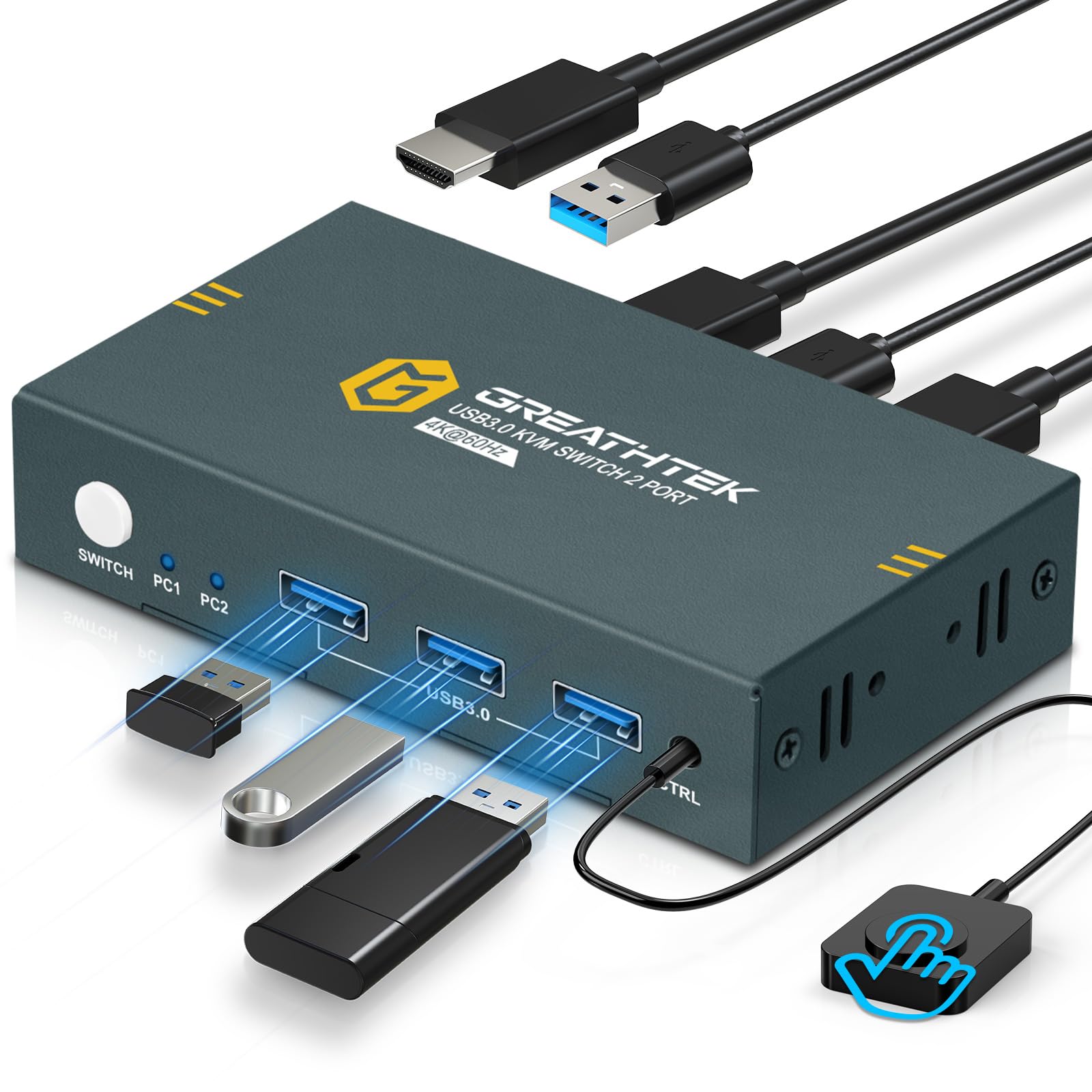 GREATHTEK USB 3.0 KVM Switch HDMI 2 PC 1 Monitor 4K@60Hz Commutatore KVM | Condivisione di Tastiera, Mouse e Stampante, 4 Porte USB 3.0, Plug & Play, Ideale per Home Office, Uffic…