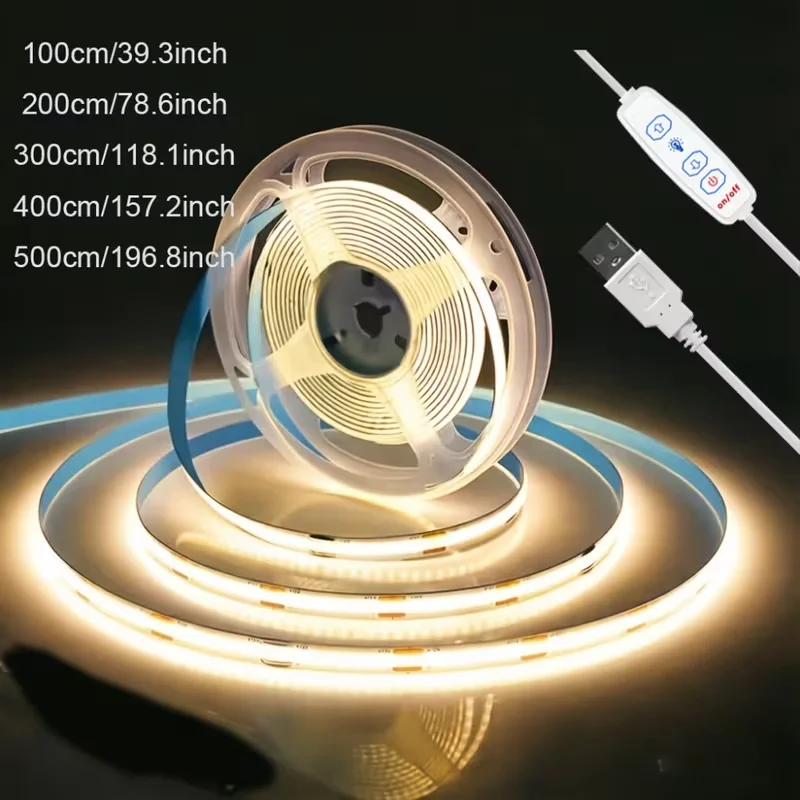 Striscia Luminosa Flessibile COB a Bassa Tensione 5V con Interfaccia USB, Interruttore a Tre Pulsanti, Luminosità Regolabile, Tre Temperature di Colore Disponibili: 3000K/4000K/65…