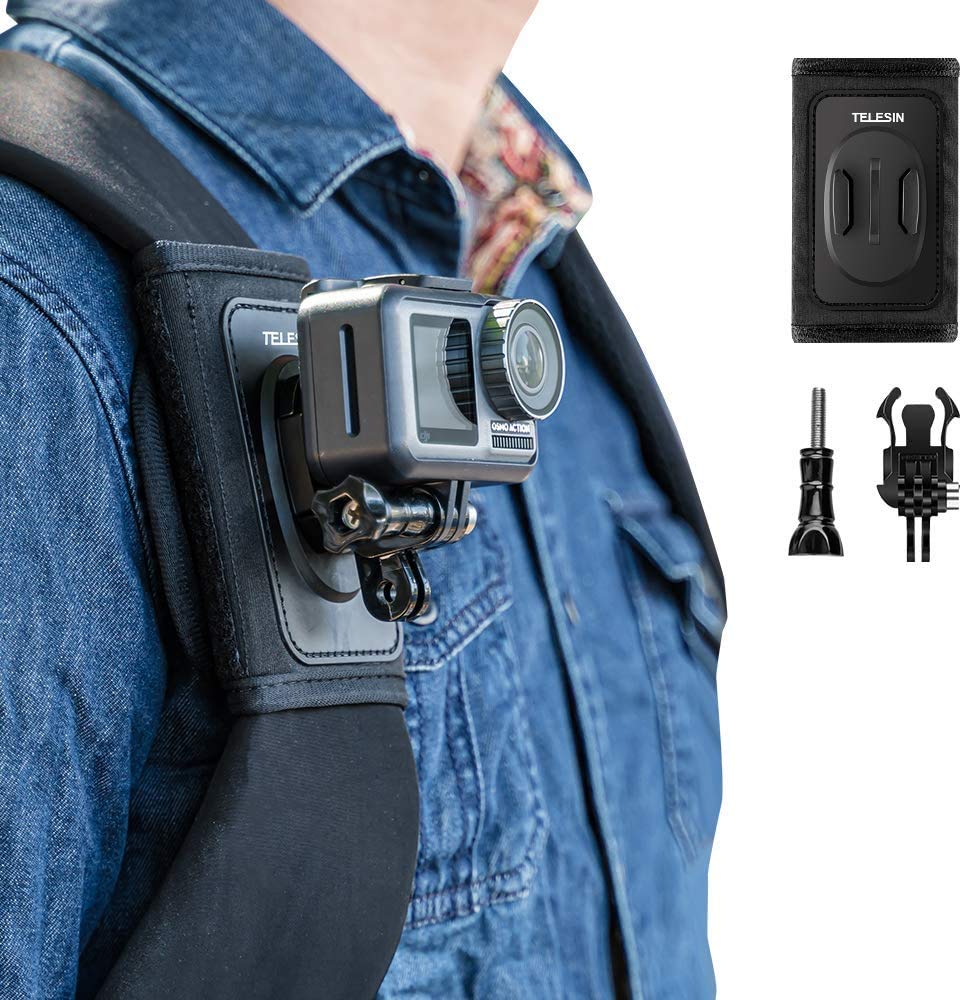 TELESIN Supporto da Zaino e Spallaccio per Action Cam con Gancio a J | Cinghia regolabile con cuscinetto, attacco rapido per GoPro, DJI Osmo e Insta360, ideale per riprese POV, vl…