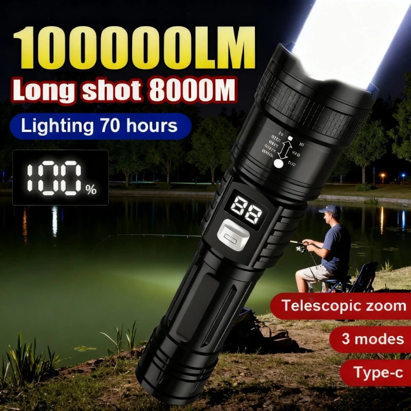 Torcia LED Ricaricabile Super Luminosa 100000LM, Lampada Tattica a Lungo Raggio per Campeggio, Pesca e Attività all'Aperto, Impermeabile