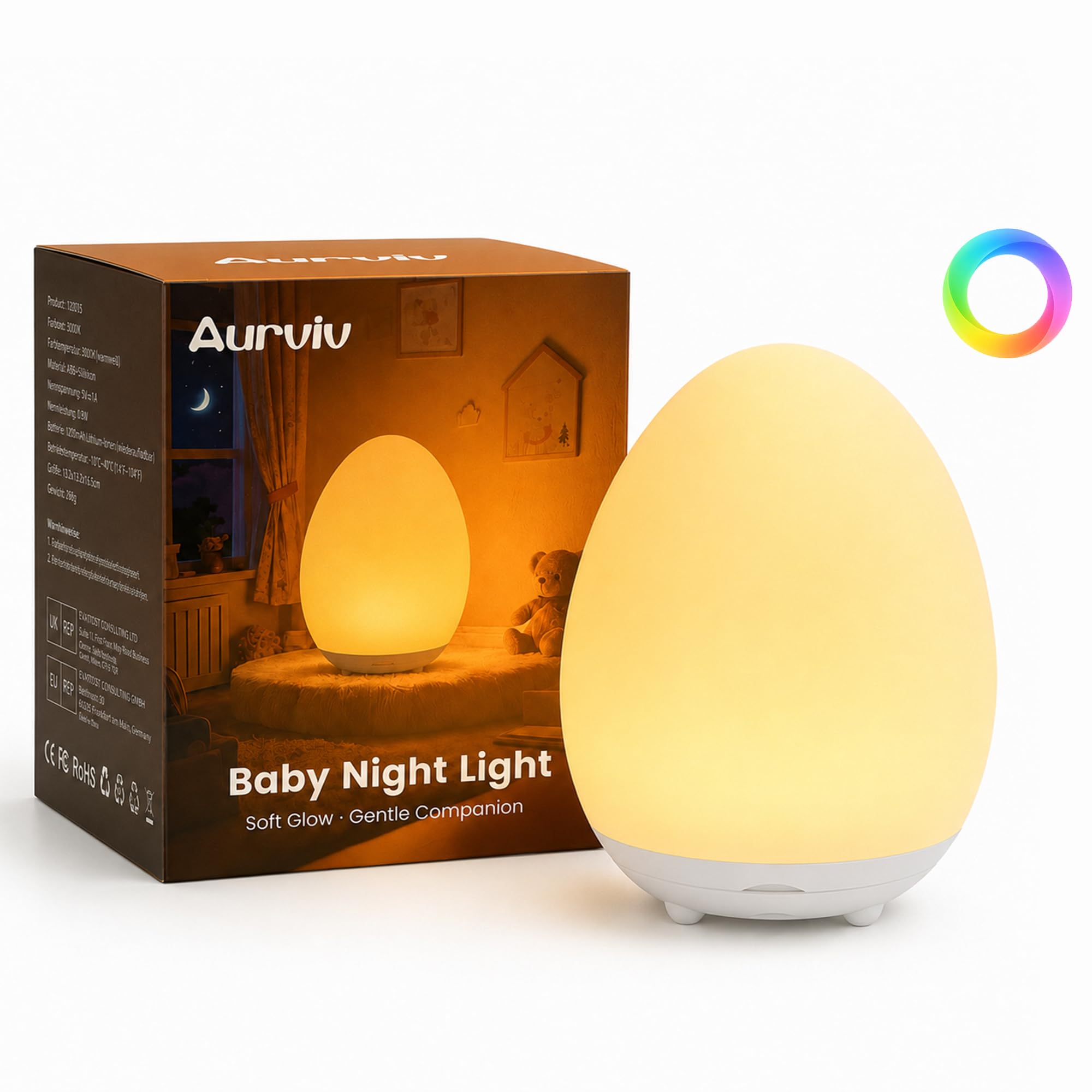 Aurviv Luce Notturna a Forma di Uovo per Bambini, in Silicone Morbido | Controllo Touch, Regolazione Continua Dell'intensità Luminosa e 7 Colori Variabili, Ricaricabile, Timer Da…