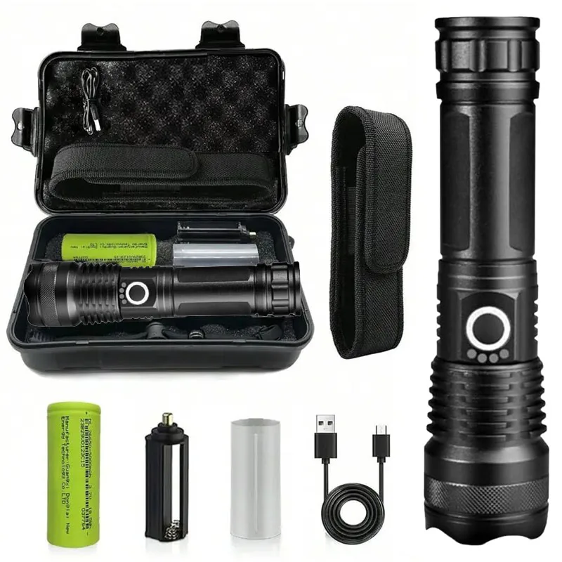 Torcia ricaricabile in lega di alluminio Torcia impermeabile ad alta potenza zoomabile con scatola di immagazzinaggio Luci flash portatili