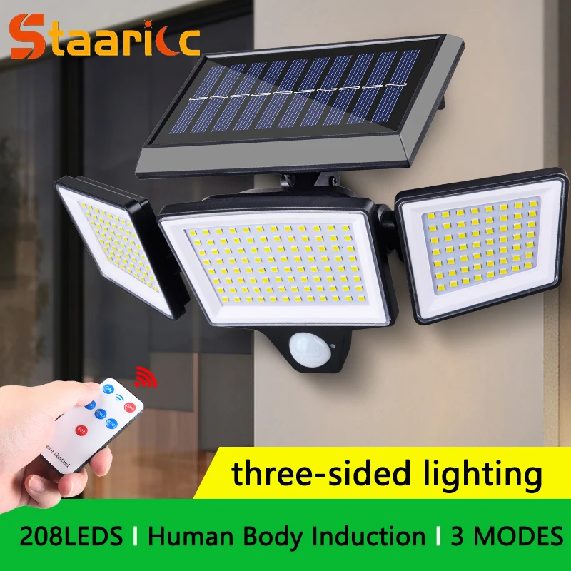 Lampada Solare da Parete a 208 LED con Sensore di Movimento, 3 Modalità, Impermeabile, per Giardino e Illuminazione Stradale di Sicurezza