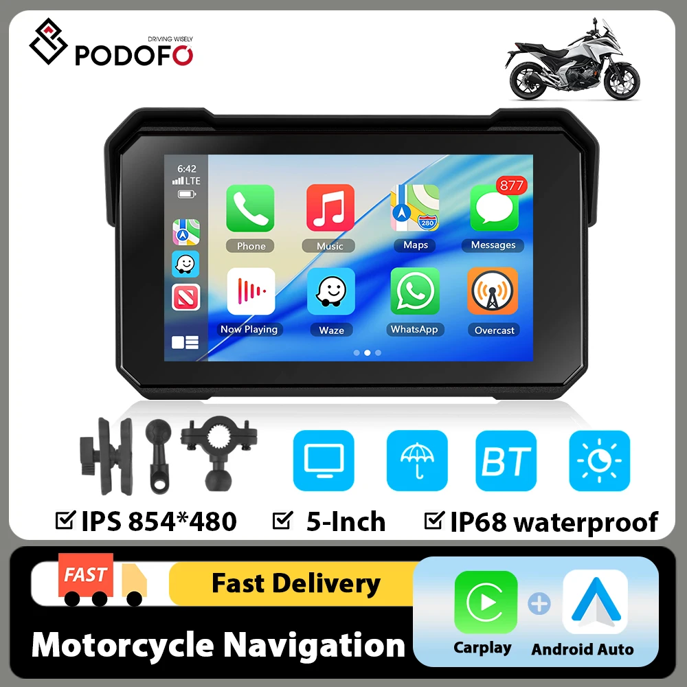 Podofo Navigatore GPS per Moto con Schermo HD da 5 Pollici, Lettore Intelligente Portatile, Supporto Wireless per Carplay e Android Auto, Display Impermeabile per Moto