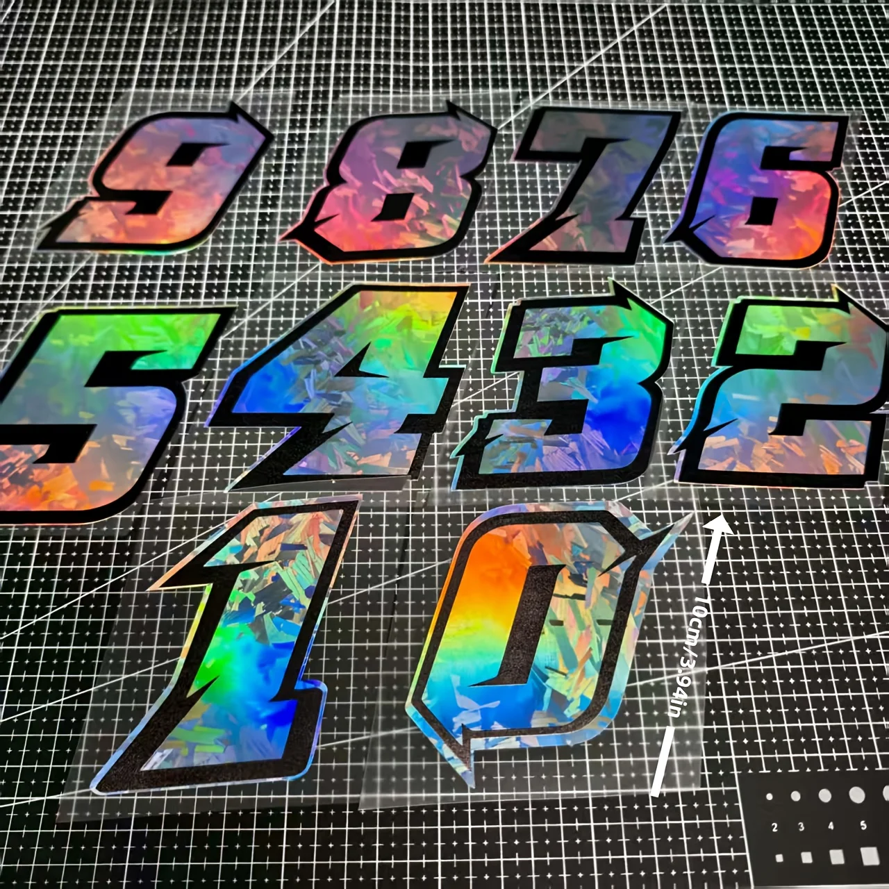 1 adesivo per numero da corsa per moto 0-9 - Effetto laser olografico iridescente, impermeabile