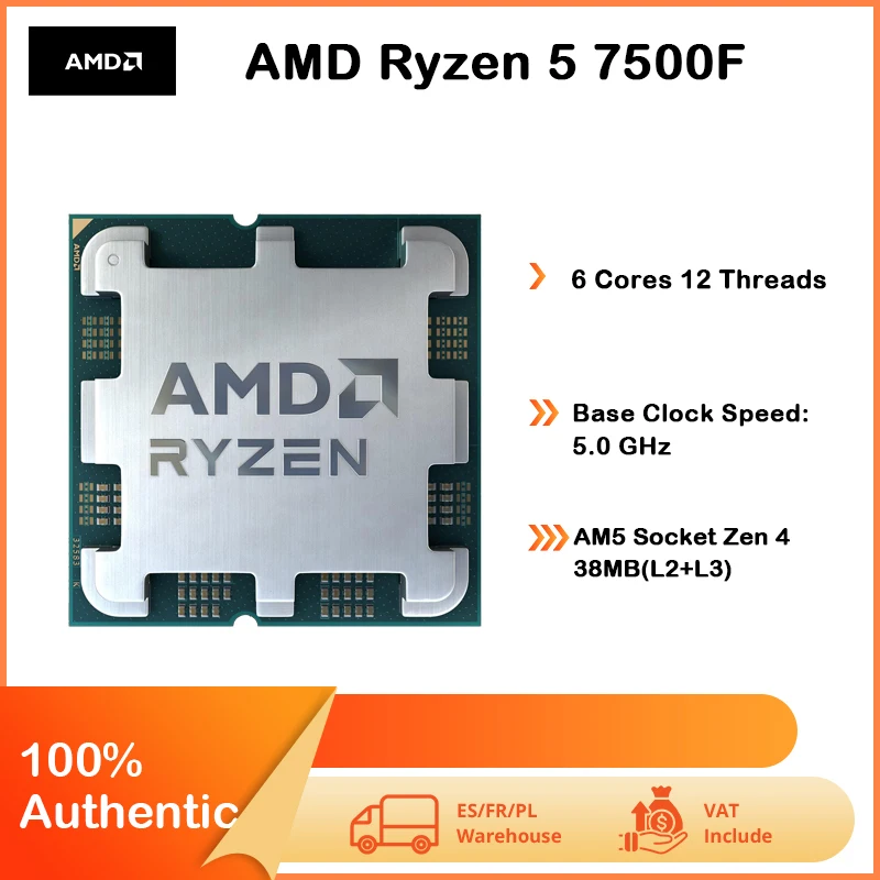 AMD Ryzen 5 7500F 5.0GHz 6 Core 12 Thread 32MB Game Cache 65W R5 7500F Socket AM5 DDR5 5200MHz 5NM Senza Ventola