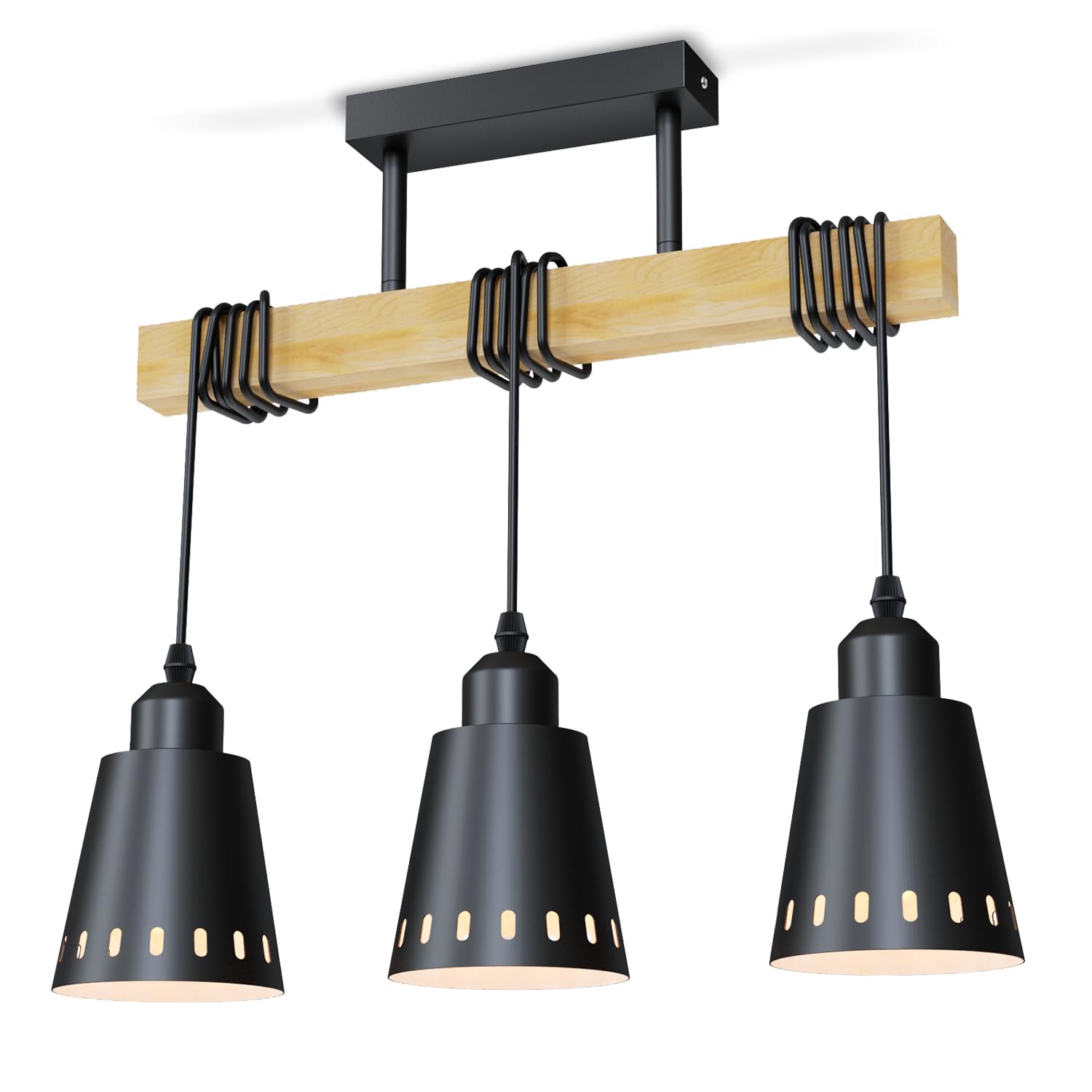 LVWIT Lampadario Soffitto Nero, Lampada Sospensione Cucina con 3 Luci, Lampadari Rustici E27, Base di Legno, Lampadari Pendente per Cameretta, Sala da Pranzo,Soggiorno (Senza Lamp…