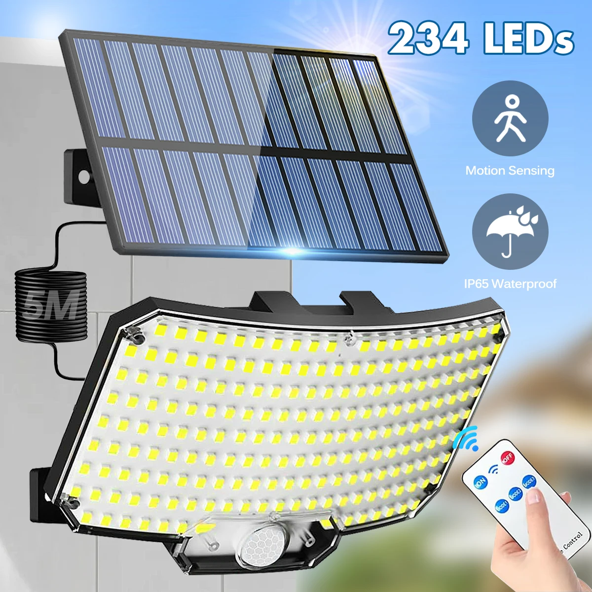 Luci solari da esterno 234LED 3 modalità Luci di inondazione con sensore di movimento con telecomando Luci solari di sicurezza impermeabili IP65 per esterno