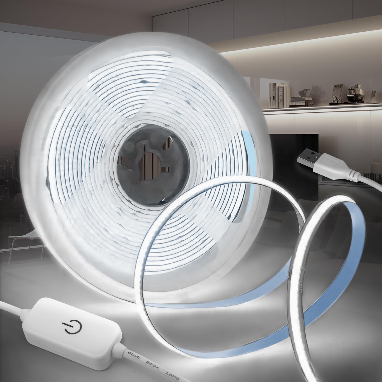 KSIBNW Striscia LED COB 5V USB, Bianco Freddo 6000K 5M Luci LED Autoadesivo Tubo Dimmerabili Strisce Larghezza 8mm Flessibile Alta Luminosità Nastro per Retroilluminazione TV, Cuc…