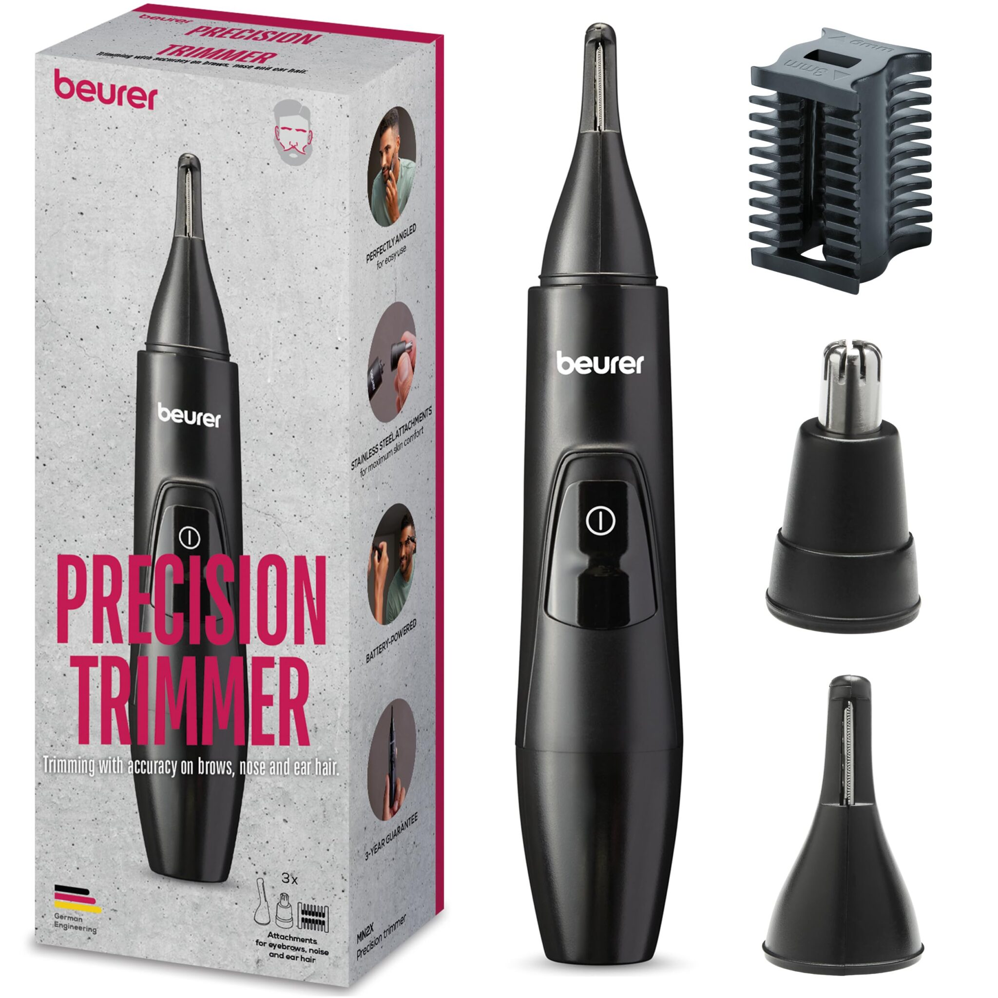 Beurer MN2X Rifinitore di precisione, Macchinetta per tagliare i capelli a batteria, 3 accessori di alta qualità, Rifinitore di precisione per modellare e rifinire peli di naso,or…