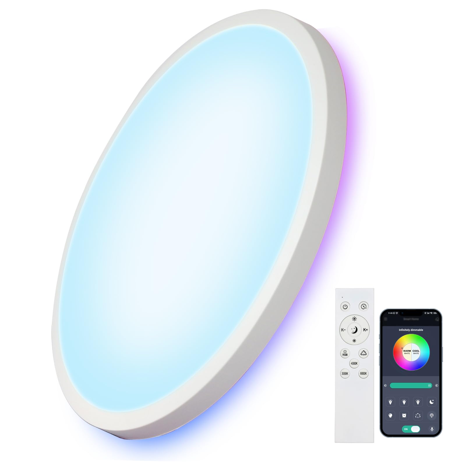 Comely LED lampada da soffitto 28cm Dimmerabile, 24W 2400LM Lampada da Soffitto RGB con Telecomando e Controllo APP, IP44 impermeabile, Rotundità,LED plafoniera per bagno, cucina,…