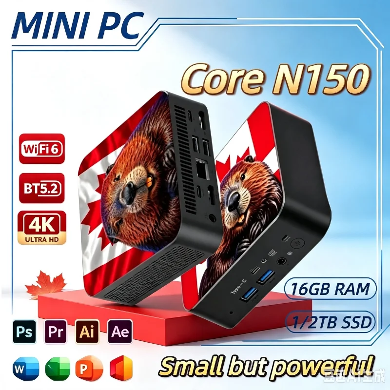 Mini PC a Tema Bandiera Canadese 2026, Intel Core N150, 16GB RAM, 2TB SSD, WiFi6, BT5.2, 4K HD, Desktop Compatto per Casa, Ufficio e Business