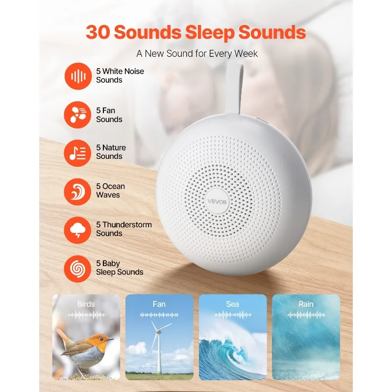 Macchina per il rumore bianco 3-in-1 come aiuto per il sonno con 30 suoni rilassanti, luce anulare delicata, funzione di memorizzazione e spegnimento automatico, batteria integrat…