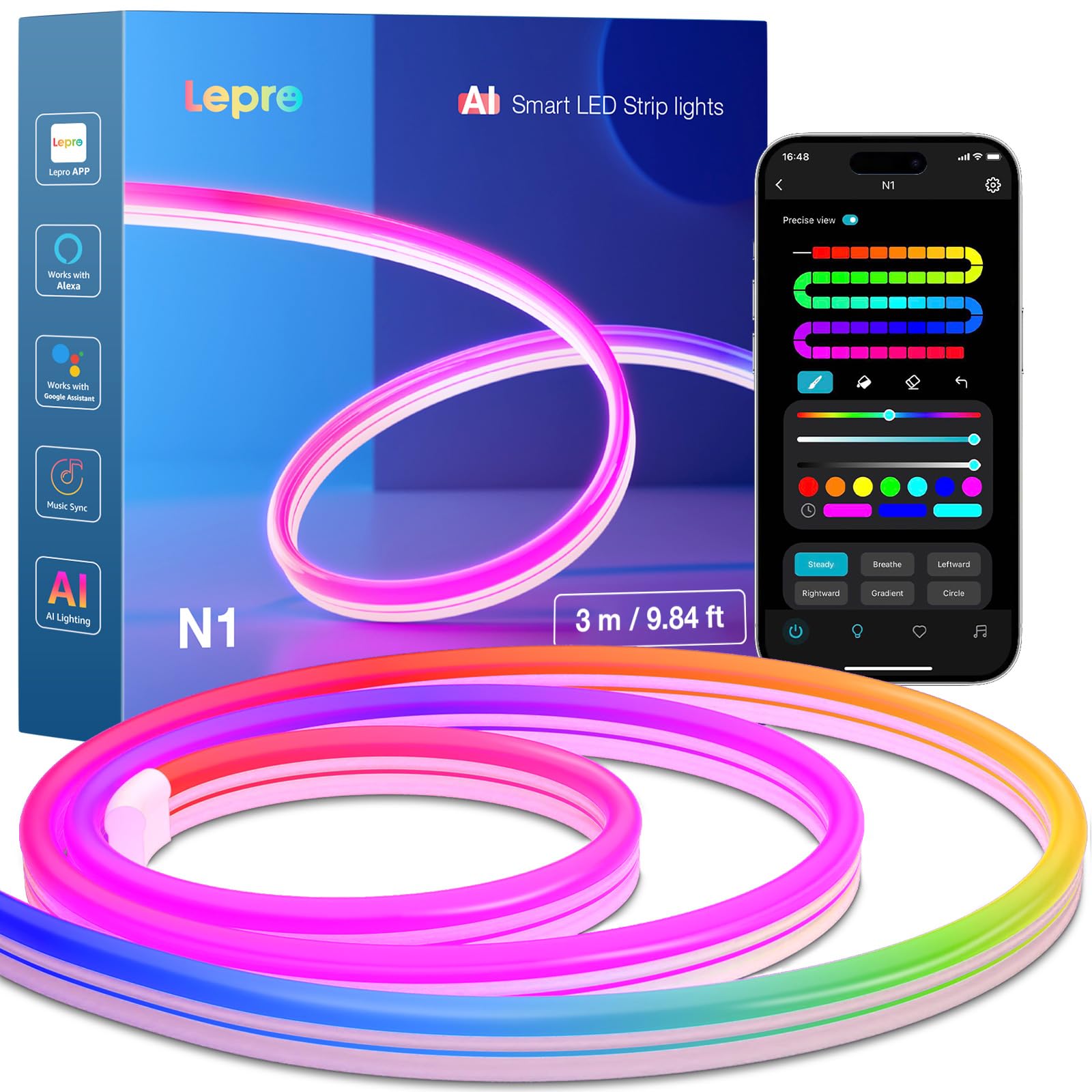 Lepro N1 AI Smart Neon Strisica LED 3 metri,Compatibile Alexa/Google Home,Impermeabile IP65 Luci Natale Esterno,Sync Musicale RGBIC,Decorazioni Natalizie,Progettista Illuminazione…