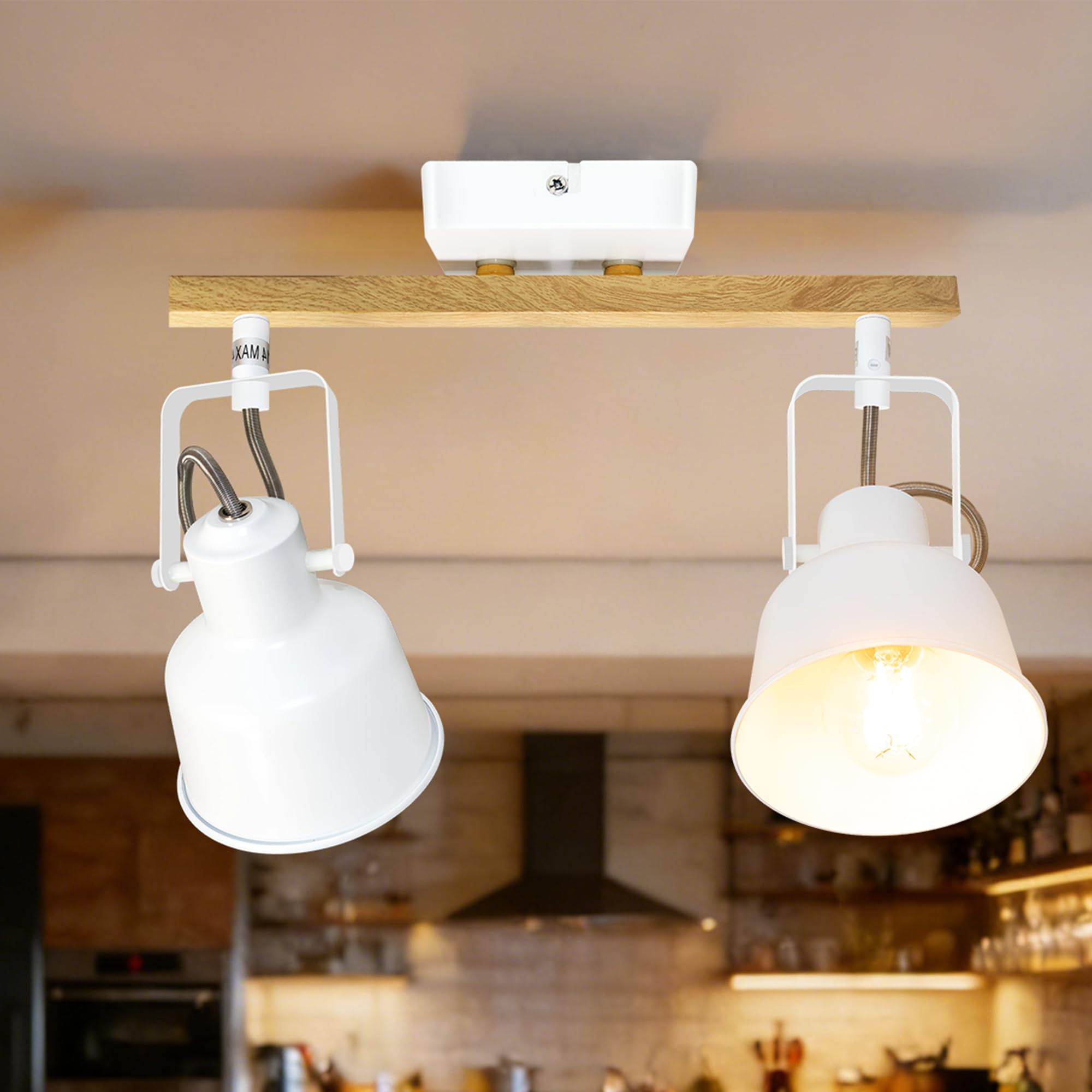 Aulaiyi Faretto da soffitto a 2 luci, orientabile a 350°, vintage, lampada da soffitto a LED, attacco E14, attacco industriale con venature del legno, per cucina, soggiorno, camer…