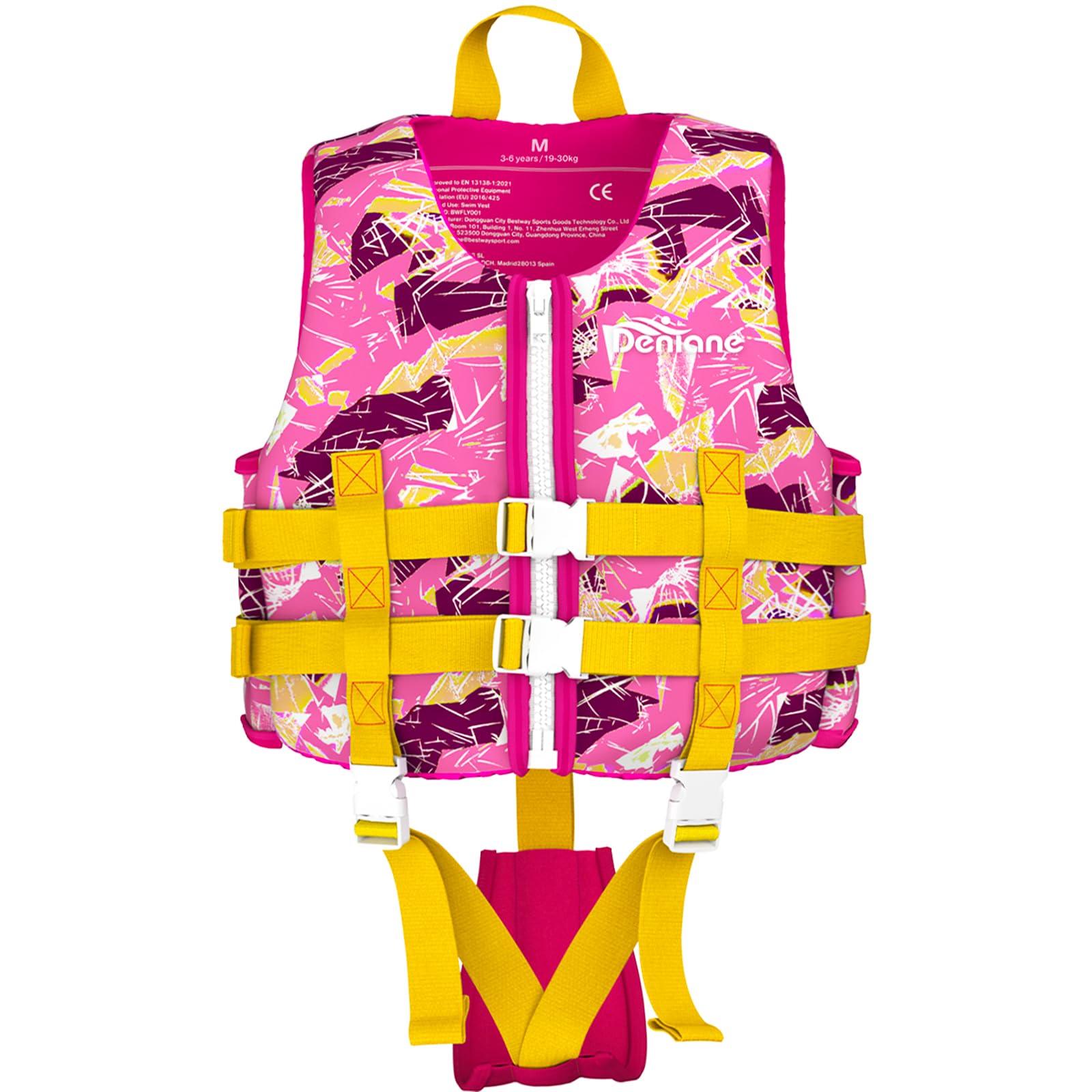 Denlane Giubbotto da nuoto per bambini in neoprene 2 ai 9 anni, Certificato TÜV - Bianco/Blu/Rosa