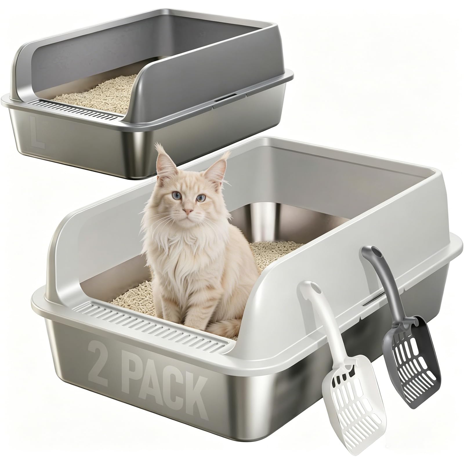 2 Pezzi Lettiera Gatto Acciaio Inox, 60 x 40 x 20 cm grande lettiera in acciaio inox, con bordo alto, per gatto, pala per gatti (L)