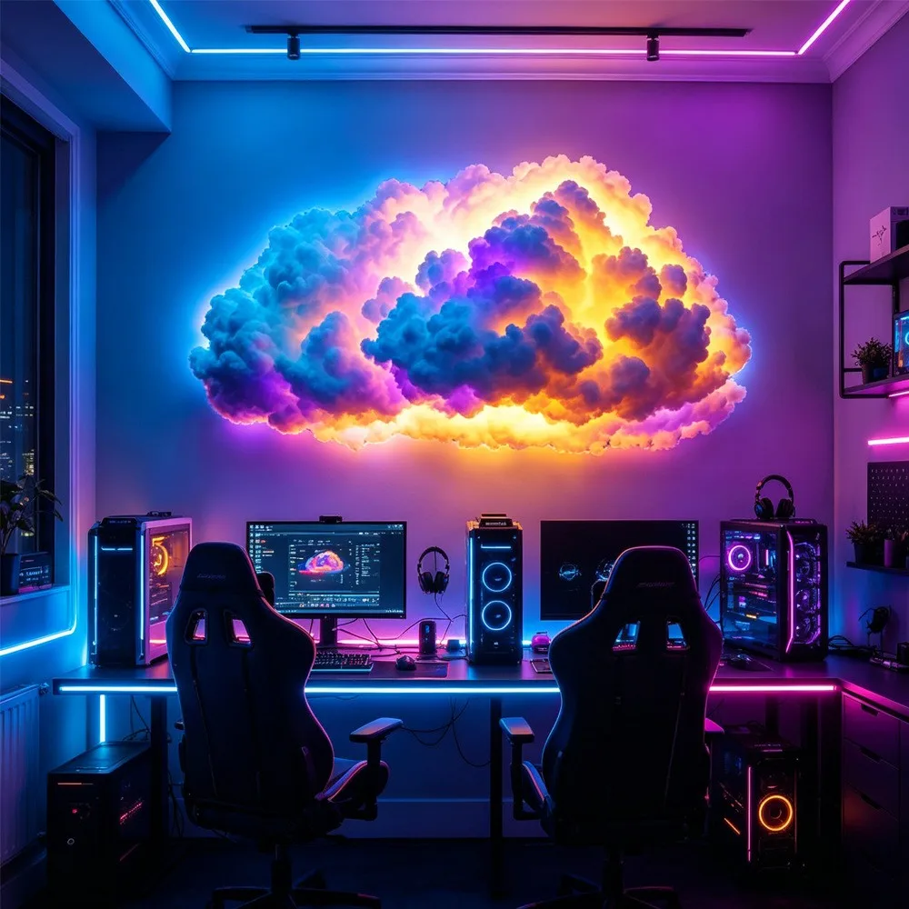 Luce LED a Forma di Nuvola con Fulmini, Controllo Remoto Wireless e Sincronizzazione Musicale, Multicolore, per Decorazione Sala Giochi