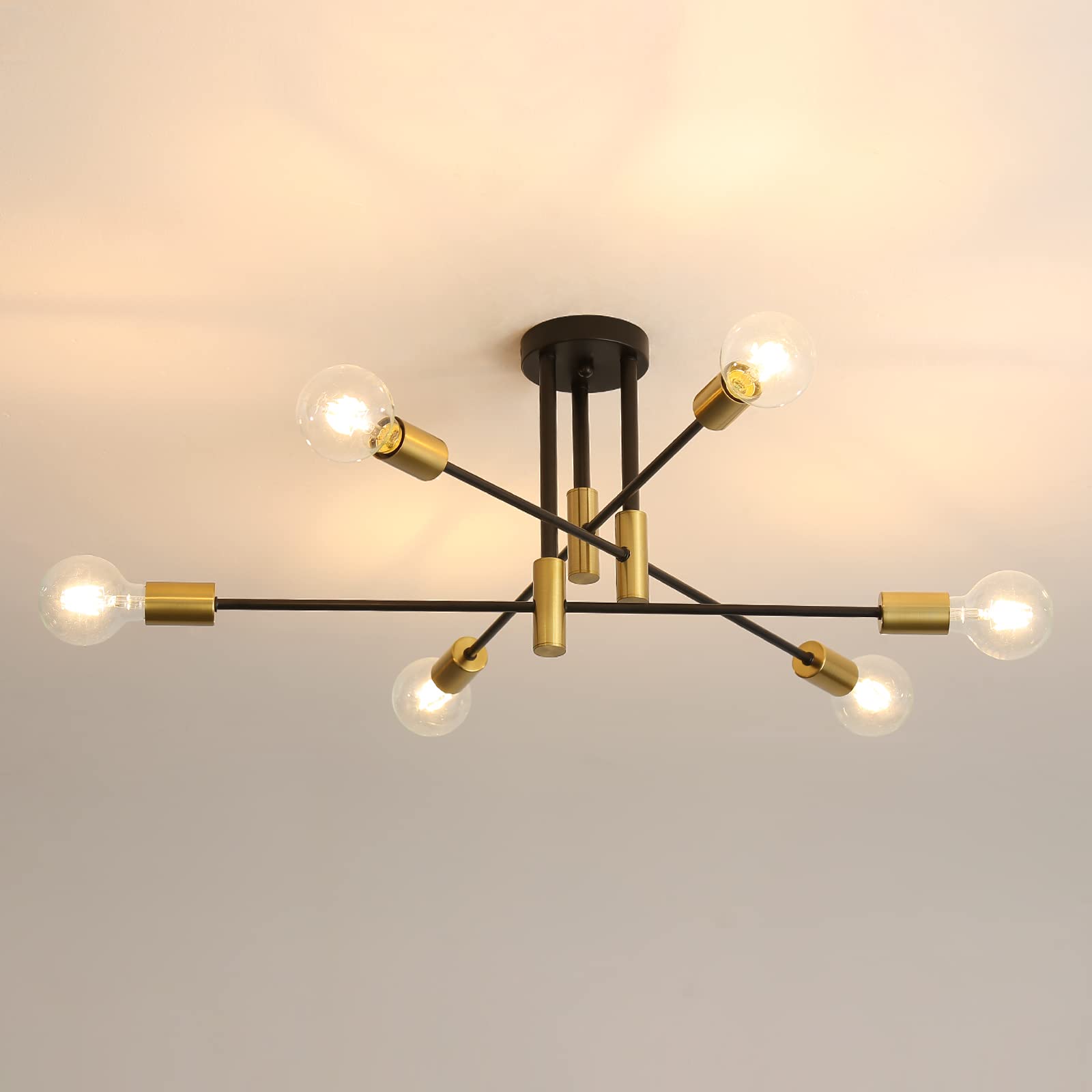 DAXGD 6 Luci Lampadario Industriale, 180° Regolabile Lampada da Soffitto E27, Plafoniera in Metallo per Soggiorno, Camera da Letto, Cucina, Ristorante, Nero + Oro, 72CM (Senza Lam…