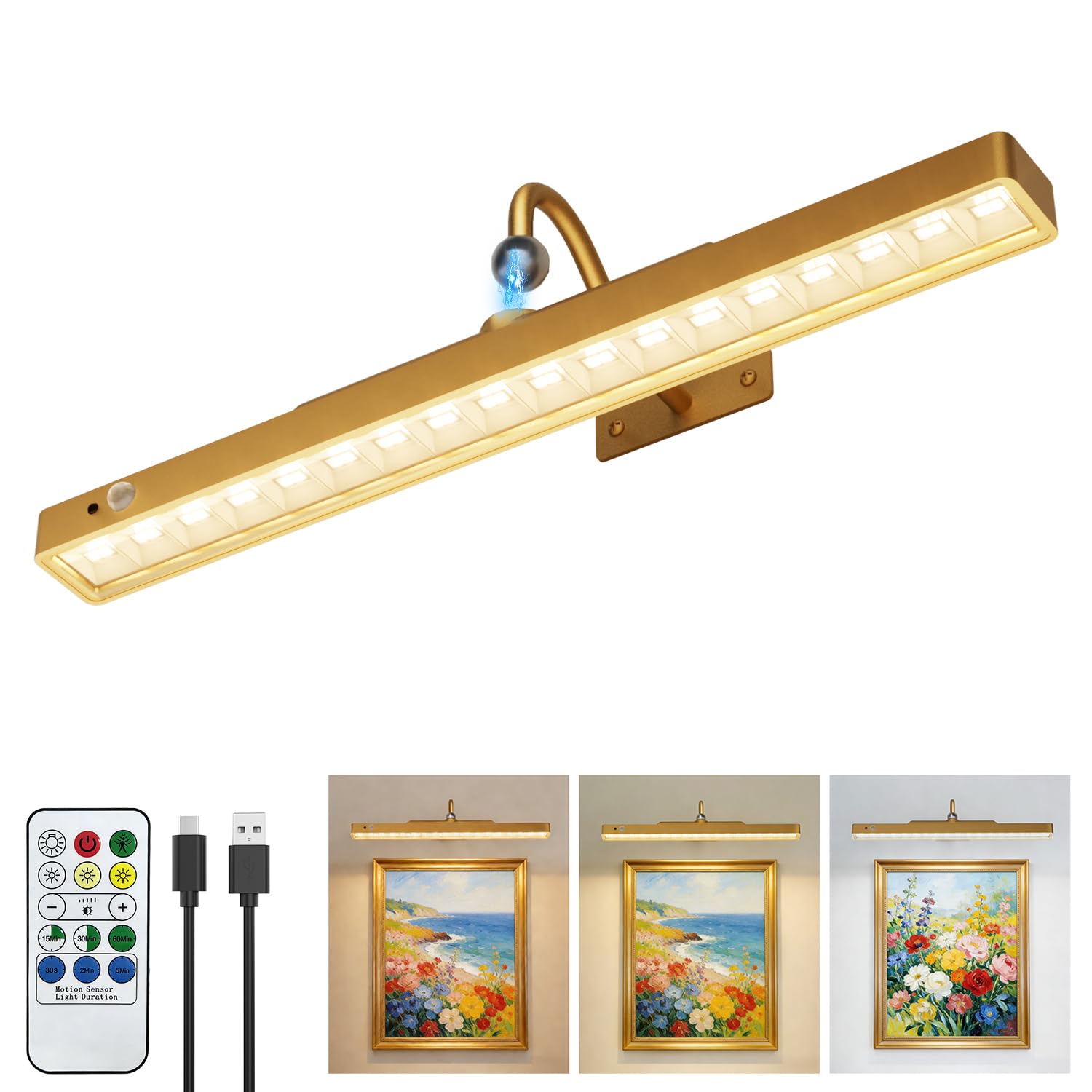 Lampada da Parete Ricaricabile Senza Fili per Quadri,Batteria da 6000mAh con Sensore di Movimento,Luce Dimmerabile a 3 Temperature di Colore,Timer,Luce Magnetica con Telecomando p…