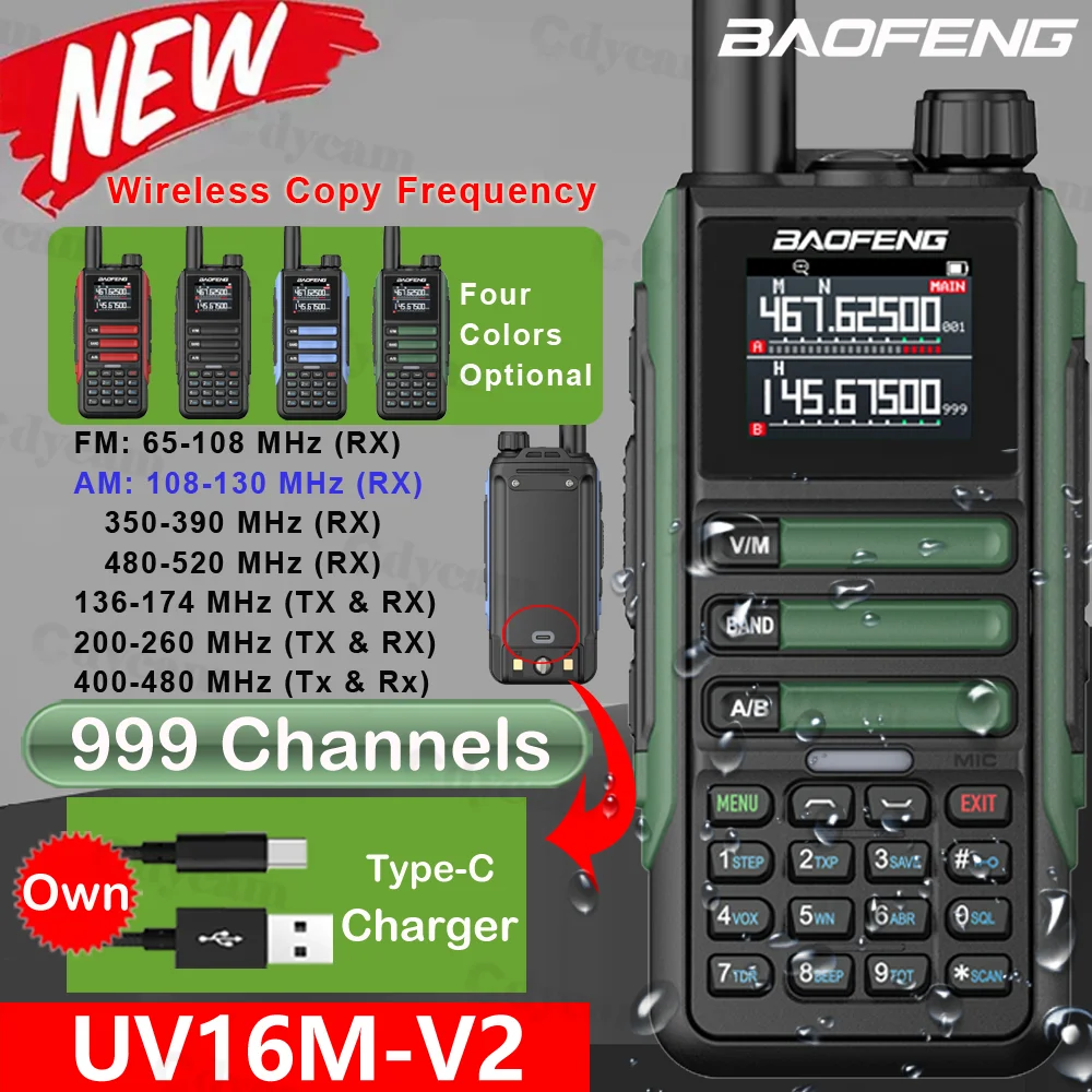 Walkie Talkie Baofeng UV16M V2 Aggiornato, Radio Bidirezionale AM FM Full Band, LCD, 999 Canali, Copia Frequenza, VHF UHF NOAA, Riduzione Rumore, Type-C