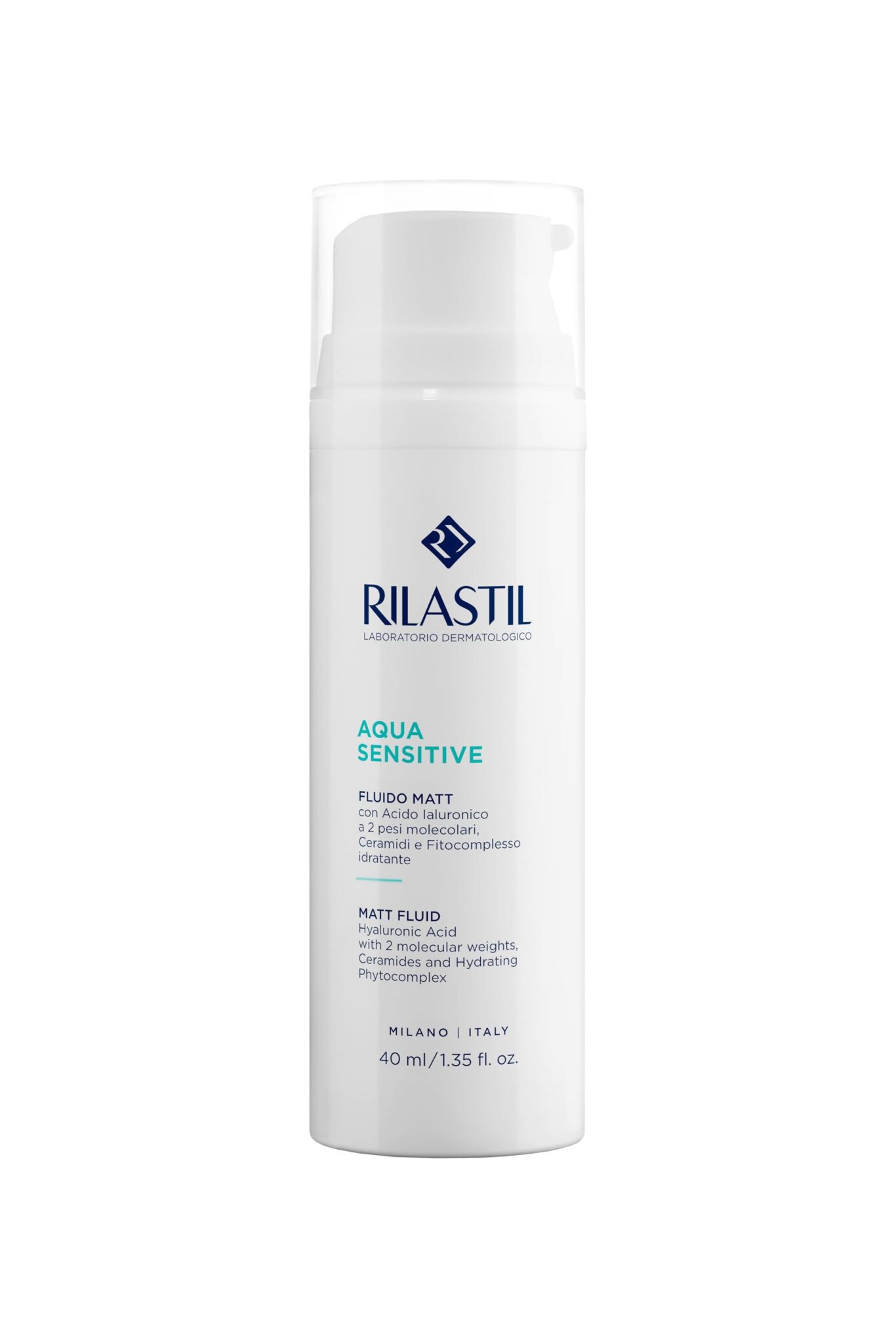 Rilastil Aqua Sensitive Fluido Matt, Emulsione dalla texture Leggera, Idratante Quotidiano per Pelli Sensibili e Secche, con Acido Ialuronico, Confezione da 40ml