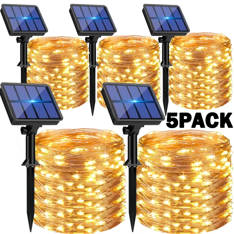 Luci Solari a LED Fatate per Esterni, 1-5 Pacchi, Luci Natalizie con 8 Modalità, Luci a Filo di Rame Impermeabili per Decorazione Giardino, Alberi e Patio