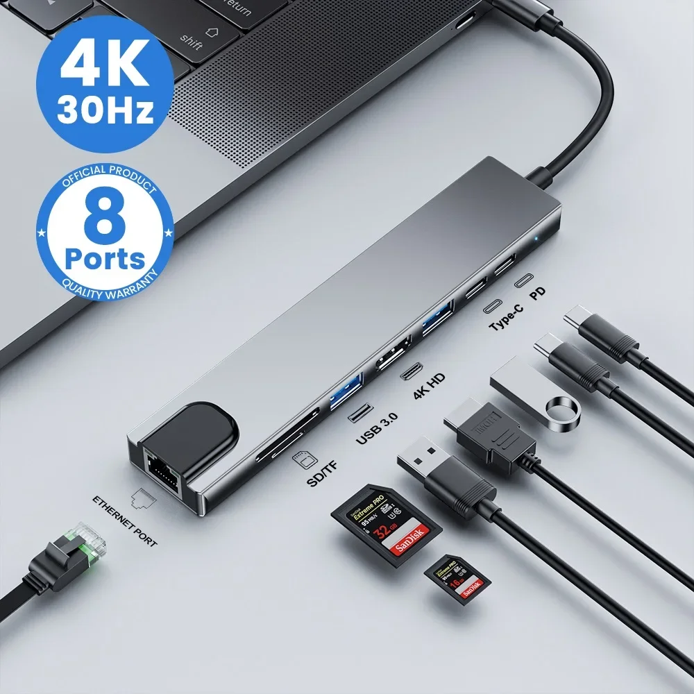 Hub USB C 8In1 7in2 7in1 Tipo C 3.1 a 4K Adattatore HDMI con lettore di schede SD/TF RJ45 PD ricarica rapida per laptop MacBook Notebook