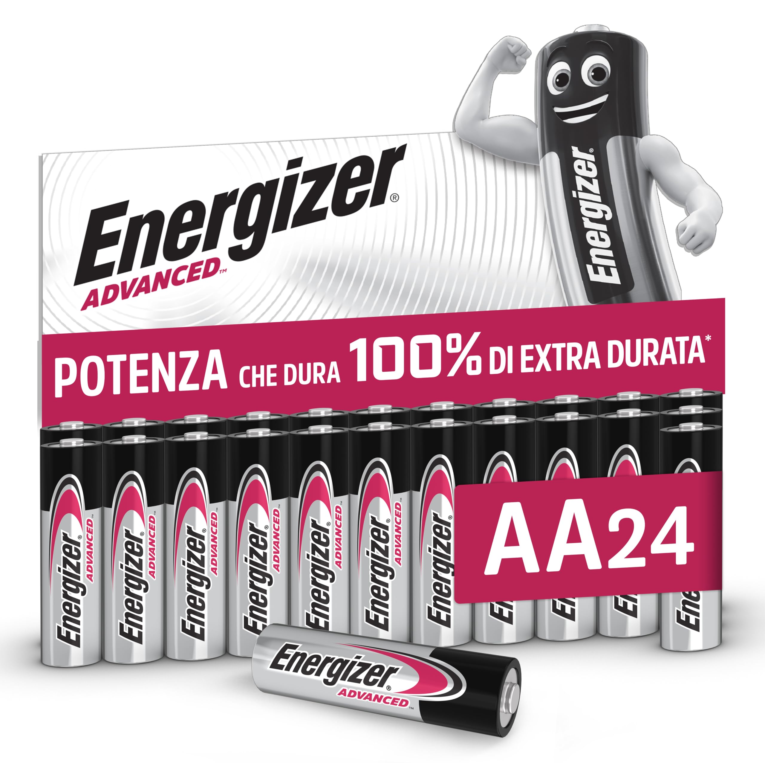 Energizer Advanced - Pile AA (Confezione da 24) - Batterie Alcaline 1,5 V | Potenza Che Dura 100% Di Extra Durata - Made in EU - 0% imballaggio privo di plastica [Esclusiva Amazon]