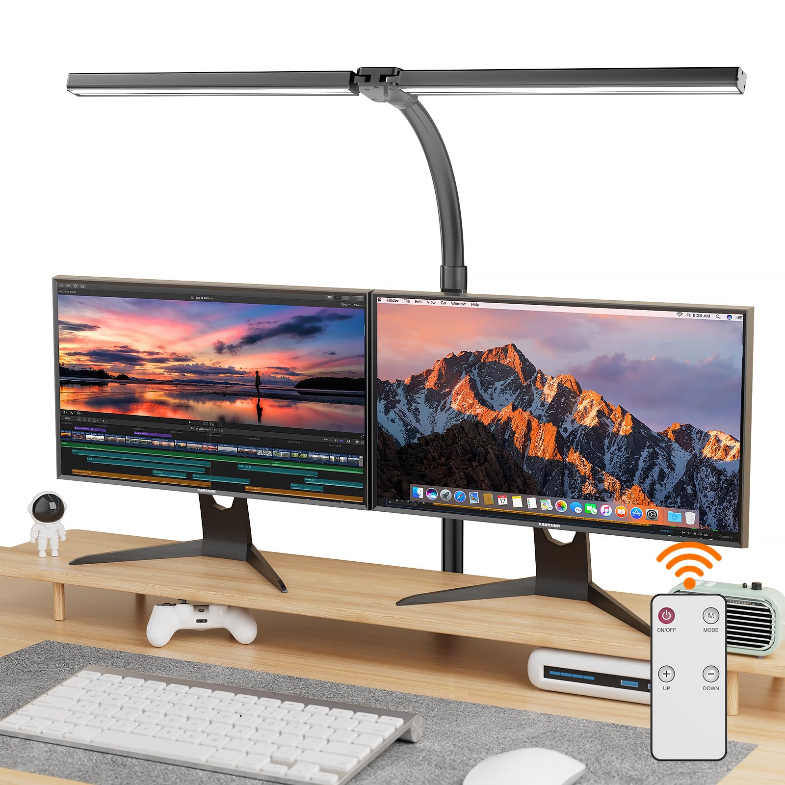 EUARY Lampada da tavolo a doppia testa, 1300 lm, con telecomando, dimmerabile, 24 W, 80 cm, con morsetto, per ufficio, scrivania