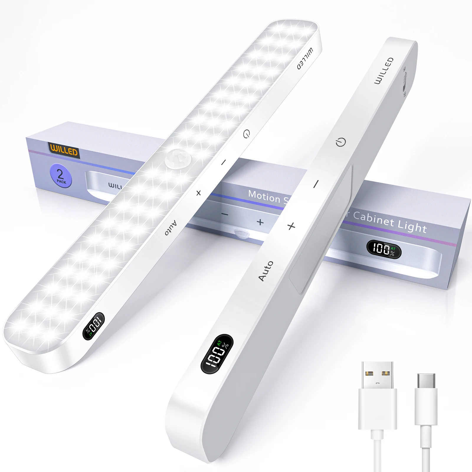 Lampada da armadio con sensore di movimento WILLED Display a batteria Barra luminosa touch a 60 LED Luce notturna con batteria ricaricabile wireless