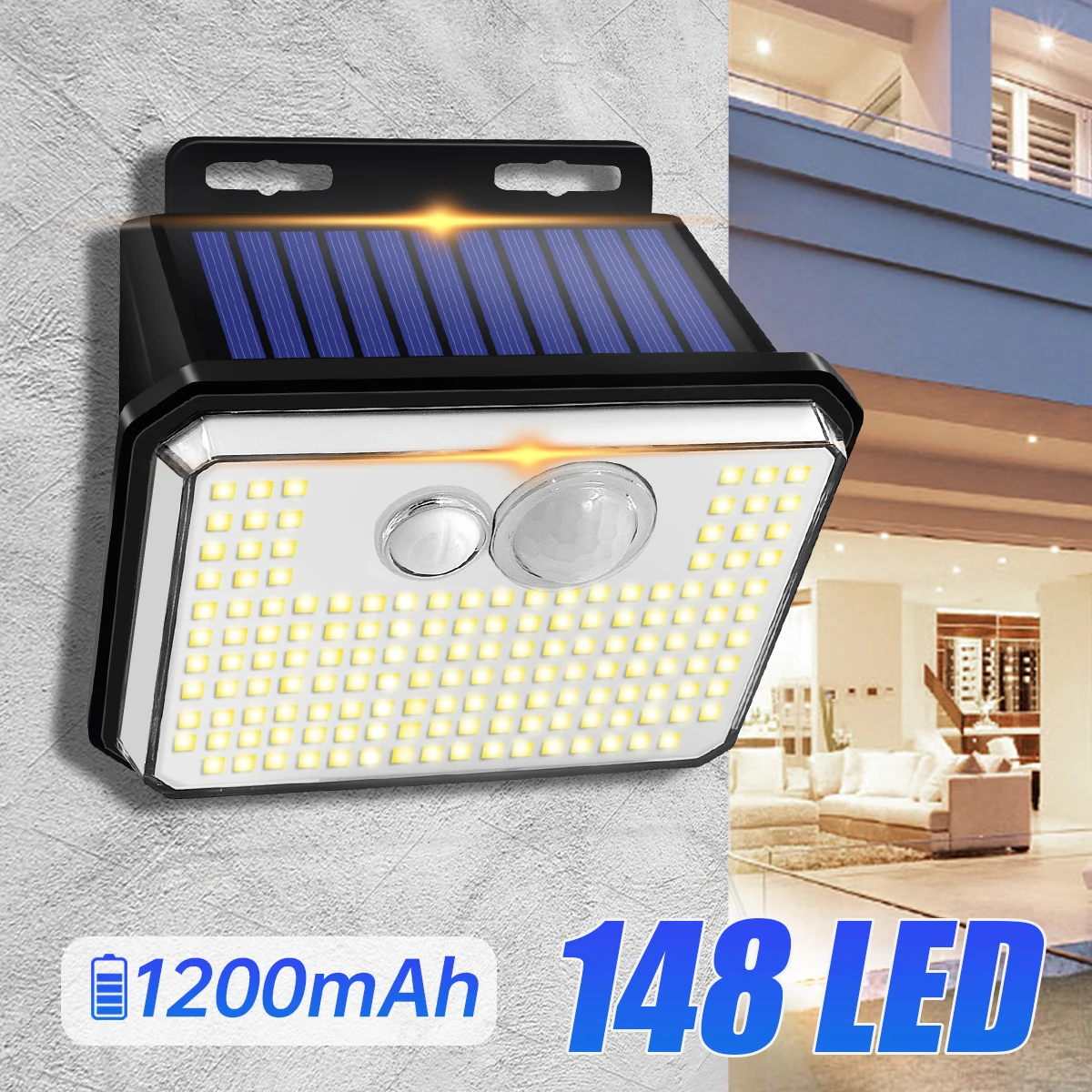 Luci da giardino esterne solari impermeabili IP65 Lampada da parete con sensore di movimento super luminosa 148 LED Lampada di sicurezza ad energia solare 3 modalità