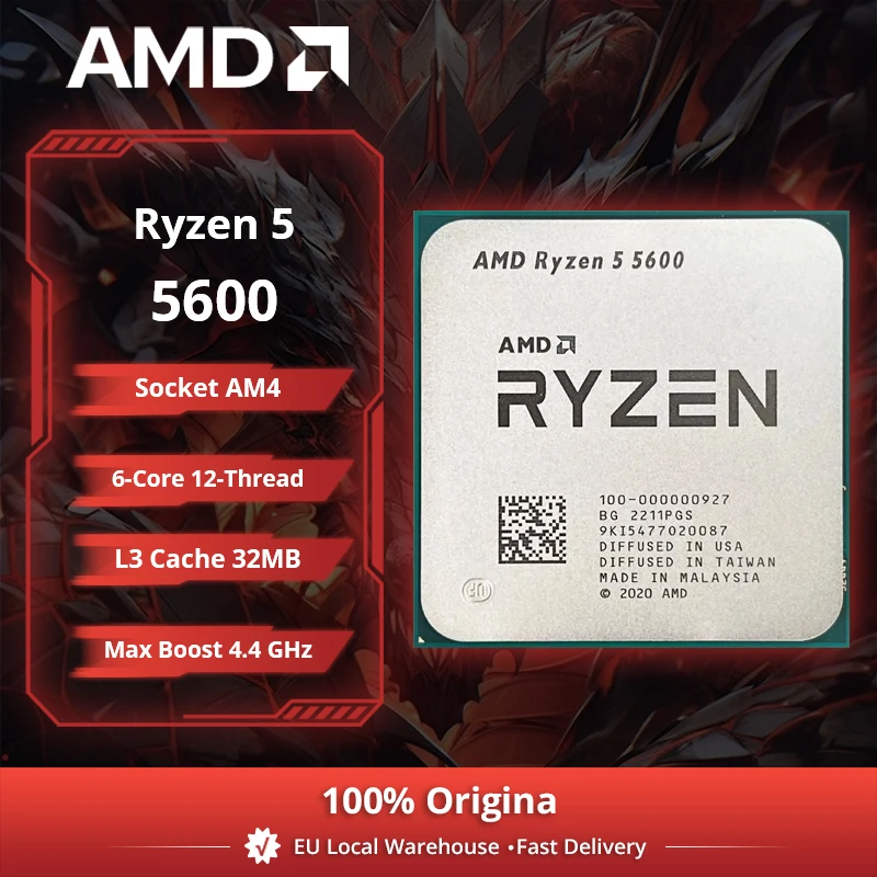 Processore Desktop AMD Ryzen 5 5600, 6C/12T, 4.4GHz, 32MB Cache, AM4, Senza Dissipatore Incluso