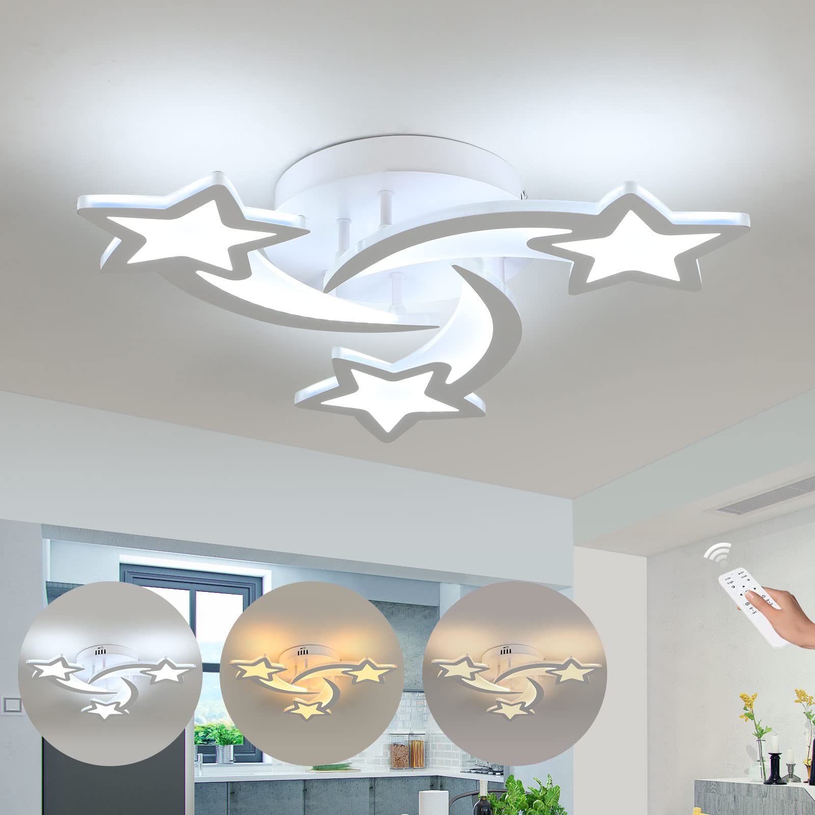 Comely Plafoniera LED Moderna, 30W Plafoniera Dimmerabile con Telecomando | Creativa Forma di Stella Plafoniera Bianco per Camera da Letto Soggiorno Corridoio