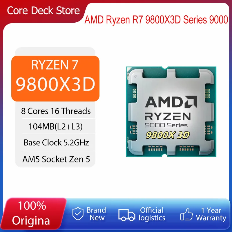 Processore AMD Ryzen 7 9800X3D, 8 Core 16 Thread, 104MB di Cache per Giochi, Frequenza di Accelerazione 5.2GHz, CPU V-Cache per Gaming