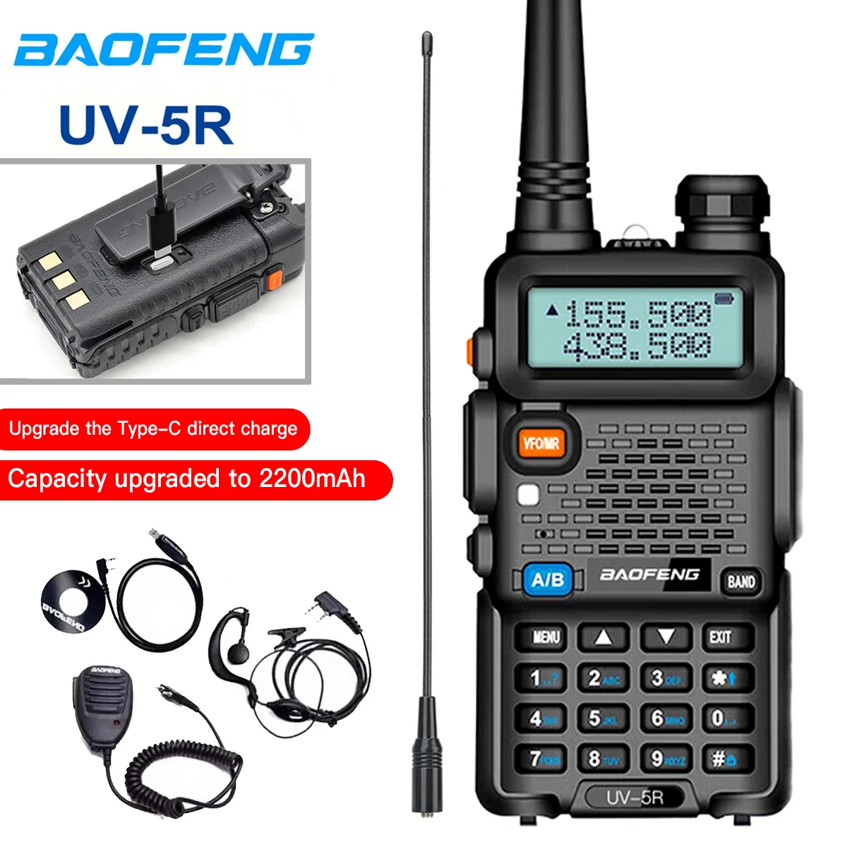 Baofeng UV-5R USB Radio Portatile a Lungo Raggio Dual Band per Radioamatori con VHF UHF FM CB 128CH 2200mAh
