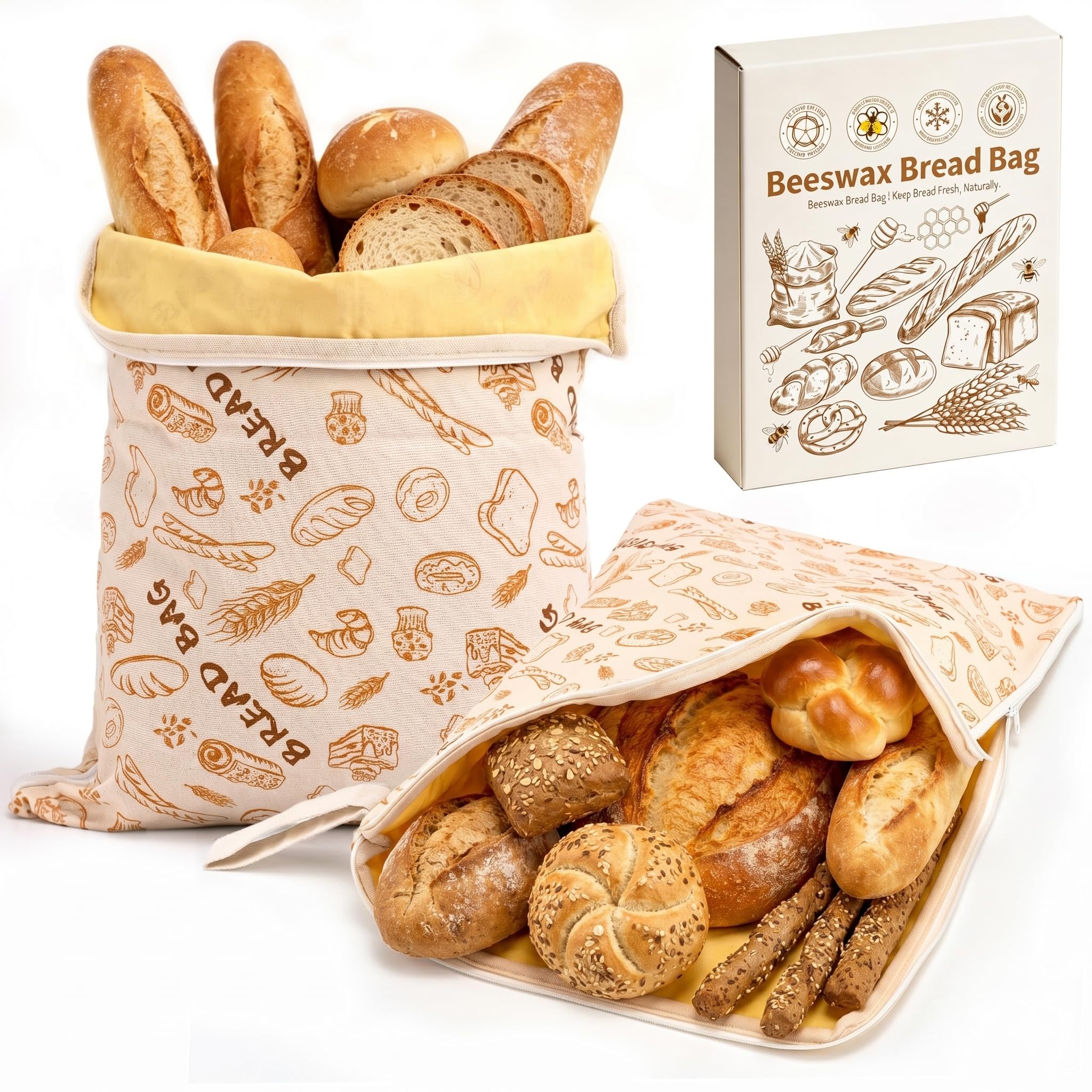 AHJ Sacchetti Pane Cera d'Api, 2 Pezzi 43x33 cm, Cerniera a L | In cotone e lino, riutilizzabili e lavabili, ideali per pane fatto in casa, lievito madre, baguette e pane artigian…