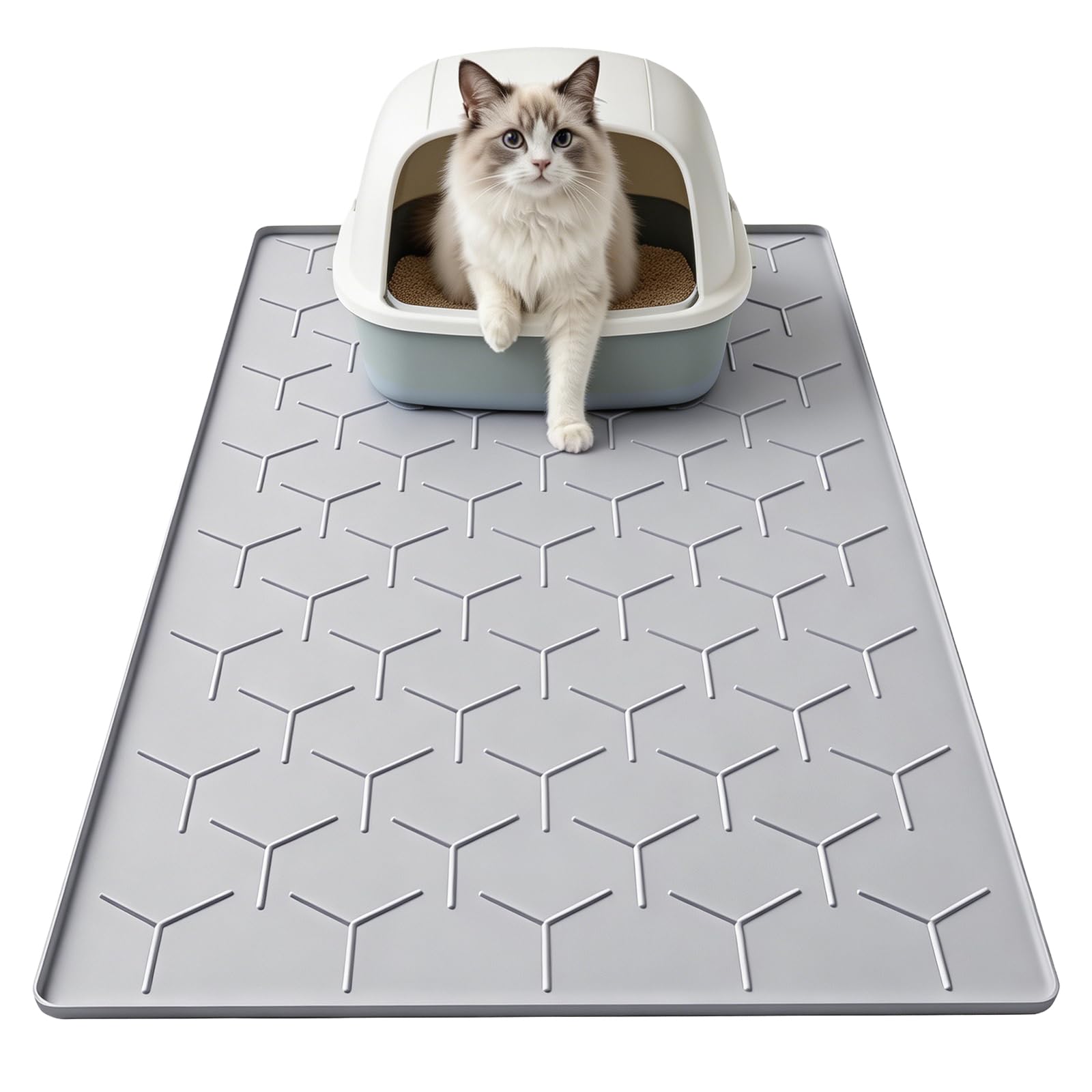 Garoopion Tappetino Lettiera Gatto Silicone, Grande 86x56cm, Grigio | facile da pulire, impermeabile e antiscivolo, tappeto sotto lettiera, raccoglie sabbia, bordo rialzato anti-d…