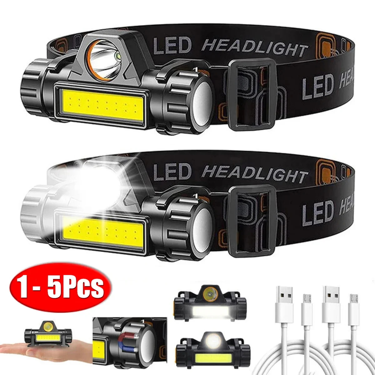 1-5PCS Lampada frontale a LED COB ricaricabile Forte faro magnetico potente Torcia frontale impermeabile super luminosa per la pesca all'aperto