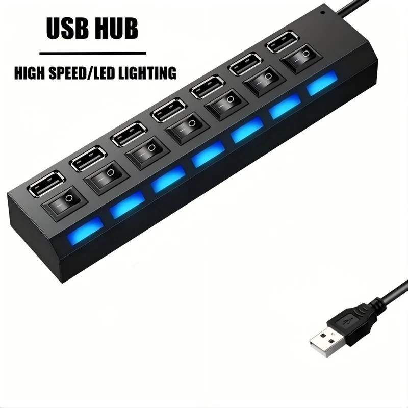 Hub USB 2.0 a 7 porte con LED, 5 Gbps ad alta velocità, adattatore di alimentazione USB multiporta, splitter USB con interruttore per laptop, computer e uso domestico