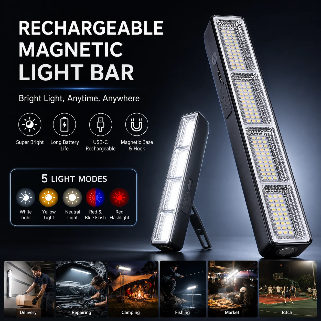 Barra Luminosa LED Magnetica Ricaricabile USB, 3 Modalità, IP66 Impermeabile, Power Bank di Emergenza, Lampada per Campeggio, Garage, Riparazioni, Camper