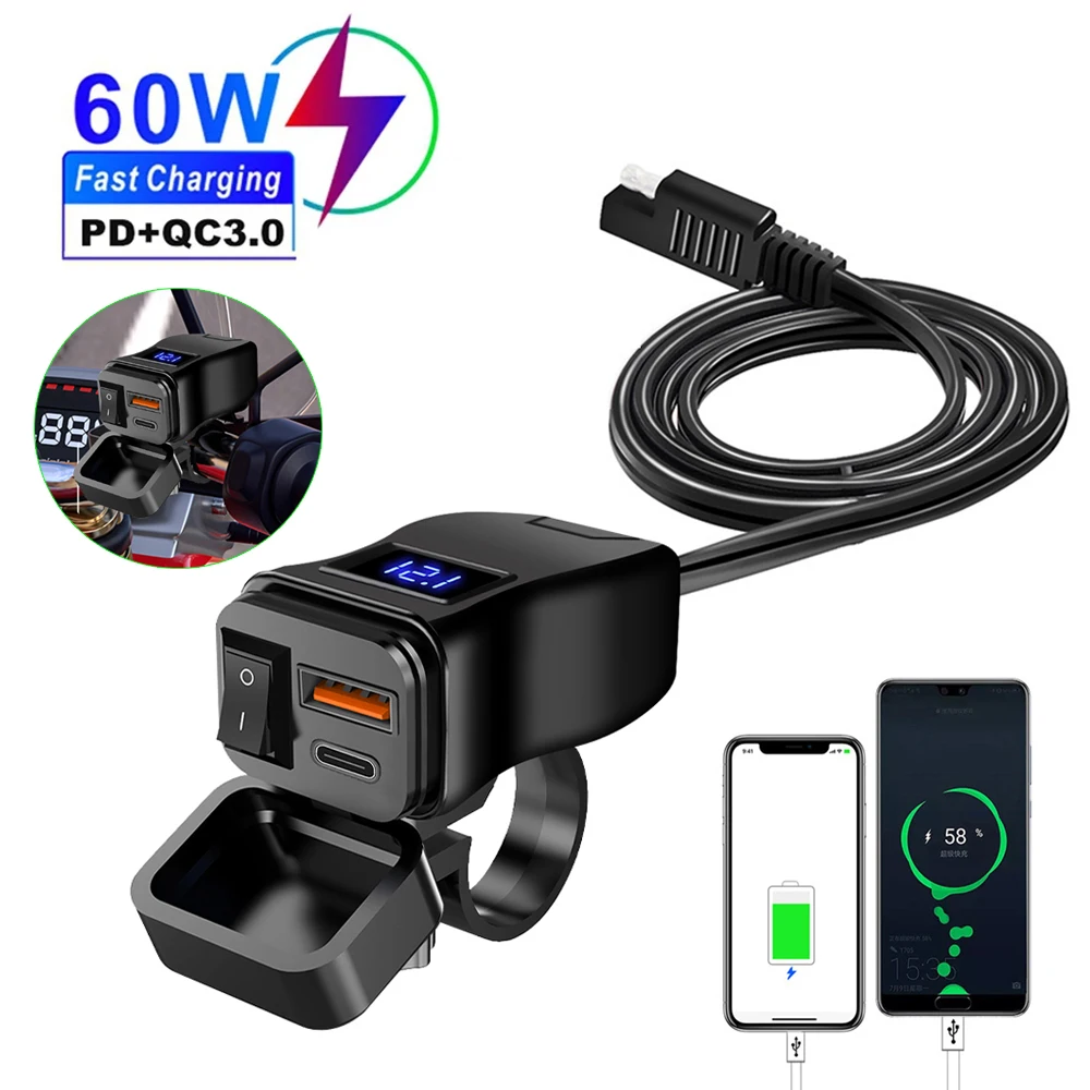 PD + QC3.0 caricatore rapido USB per moto 60W manubrio doppia presa USB con interruttore voltmetro adattatore di alimentazione 12V impermeabile