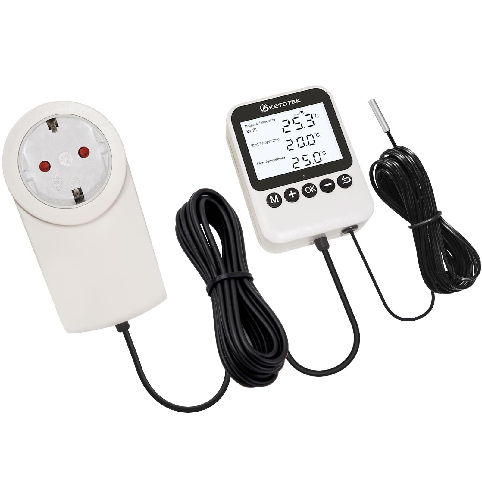 KETOTEK Presa Termostato con Timer – Regolatore di Temperatura Giorno/Notte Digitale 230V, LCD con Retroilluminazione per Terrario Rettili & Serra, 3 Modalità Selezionabili, Sonda…