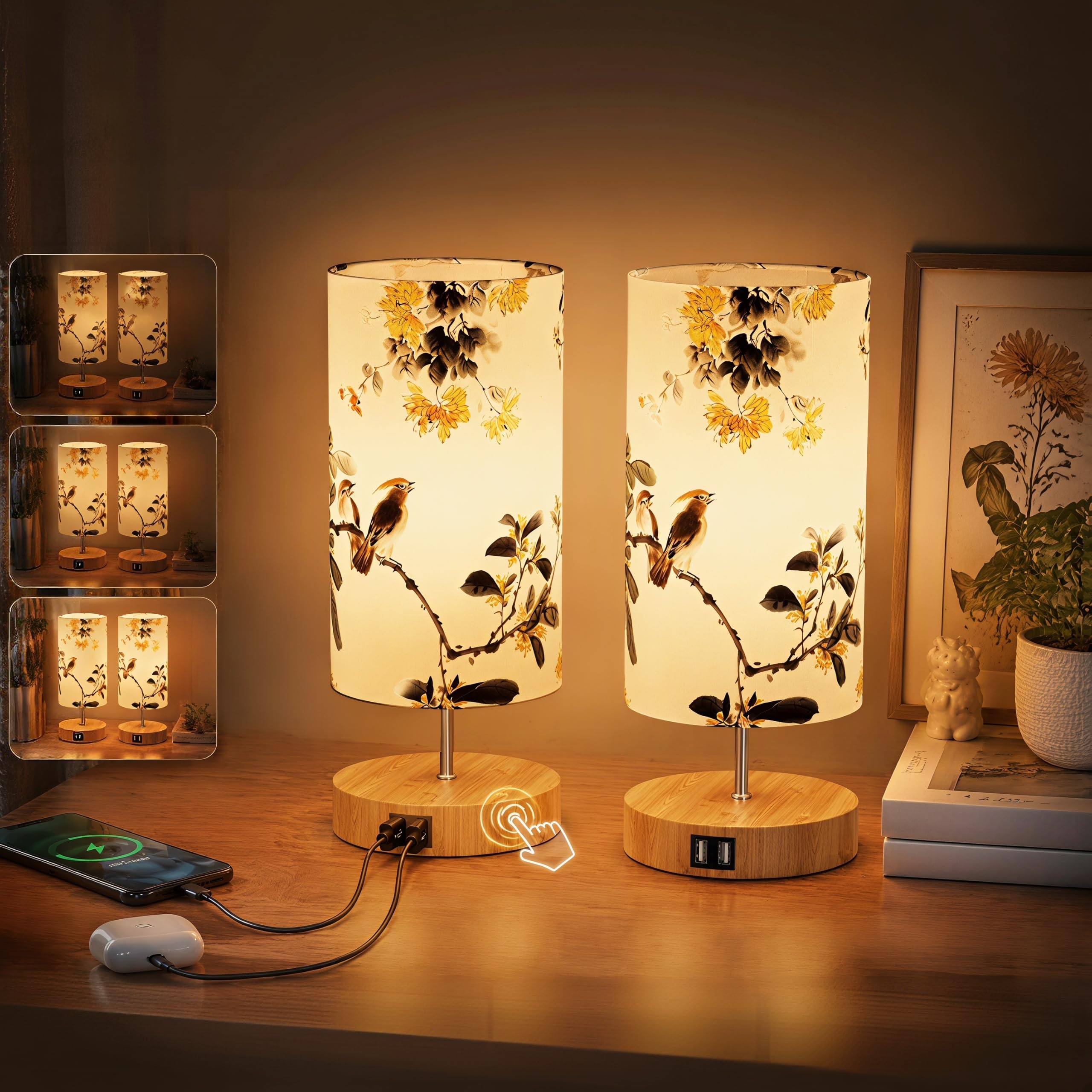 GPATIO 2 Pezzi Abat Jour da Comodino, Touch Dimmerabile con Porte Ricarica. | 3 Livelli di Luminosità, Bbat Jour da Comodino Paralume in Stoffa, Ricarica, Due USB Ricarica Simulta…